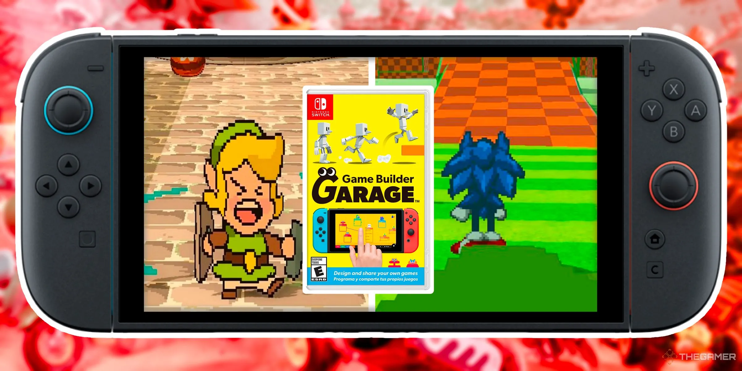 Hai tựa game do người chơi tạo lấy cảm hứng từ Sonic và Zelda trong Game Builder Garage, cùng bìa game chính thức, hiển thị trên Nintendo Switch 2.