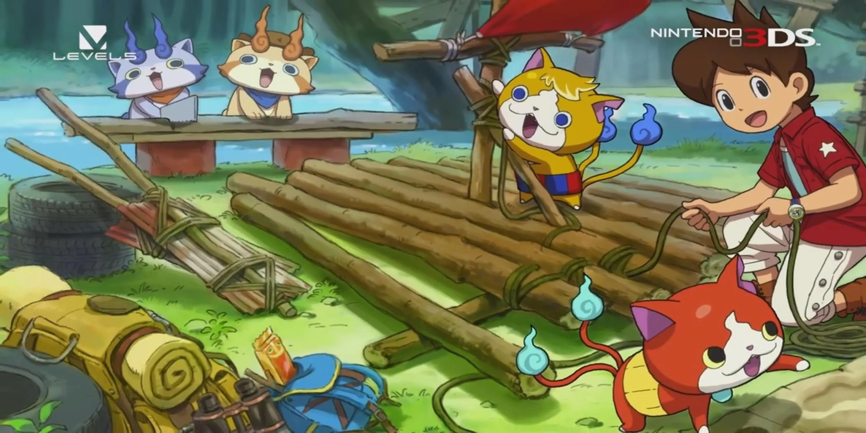 Hailey và Usapyon trên bè cùng mèo con trong Yo-kai Watch 3
