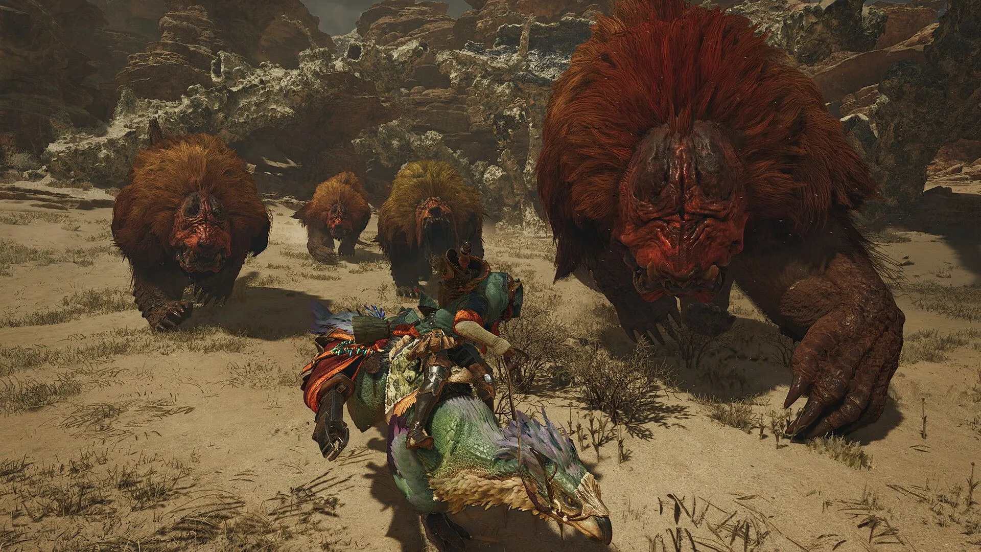 Hình ảnh báo chí thứ sáu của Monster Hunter Wilds, cảnh chiến đấu nhóm với quái vật lớn