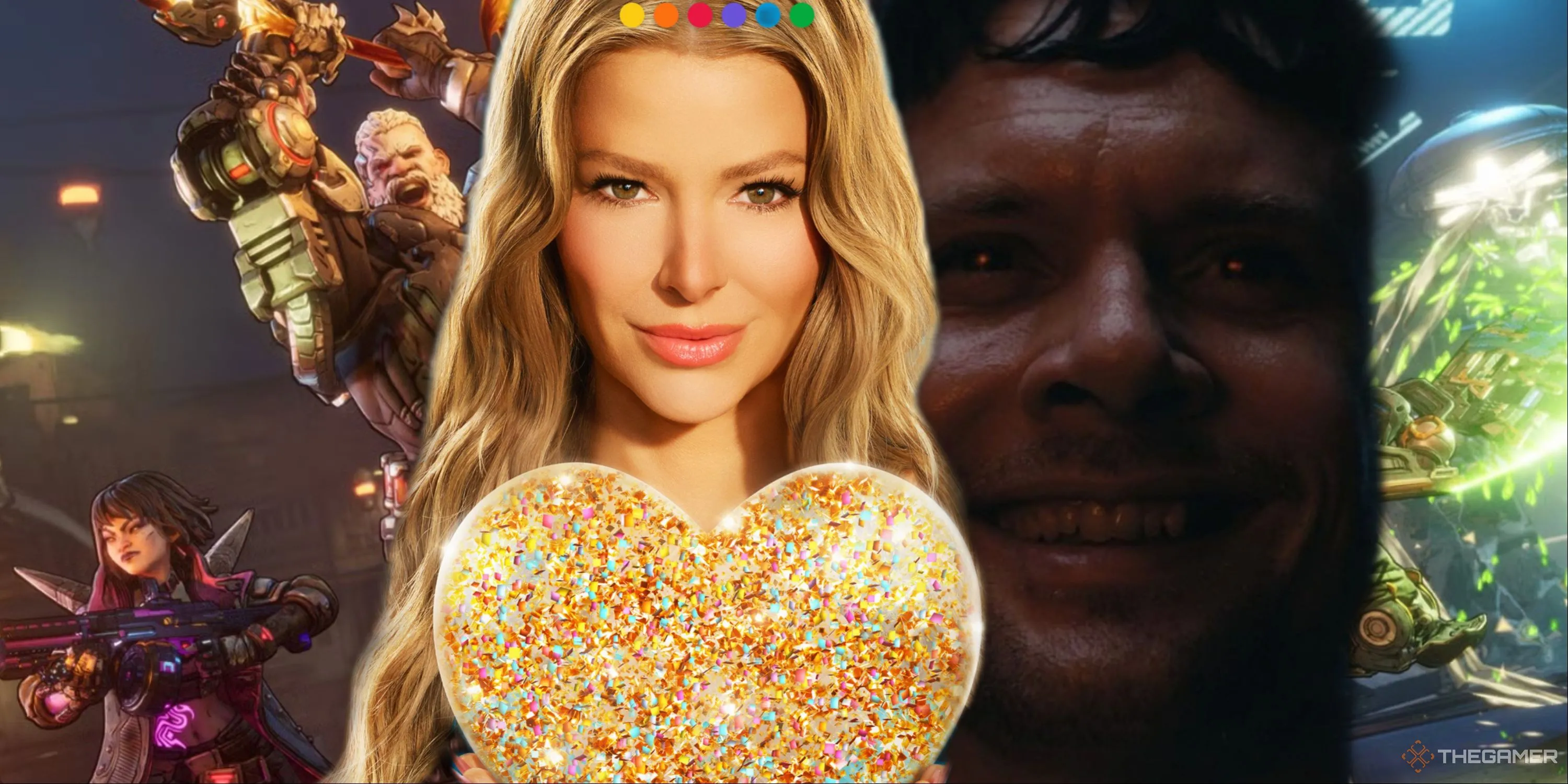 Hình ảnh collage pop culture, có hình ảnh các khẩu súng với tên gọi ngớ ngẩn ngay cả đối với Borderlands