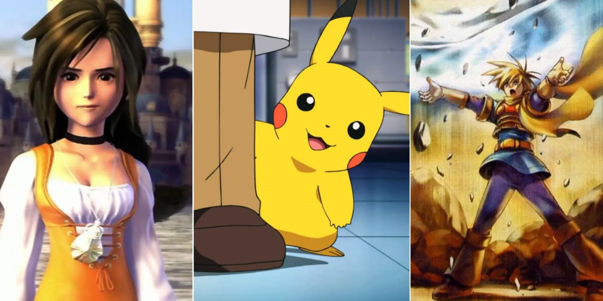 Hình ảnh ghép ba nhân vật Garnet, Pikachu và Isaac từ các game JRPG khác nhau