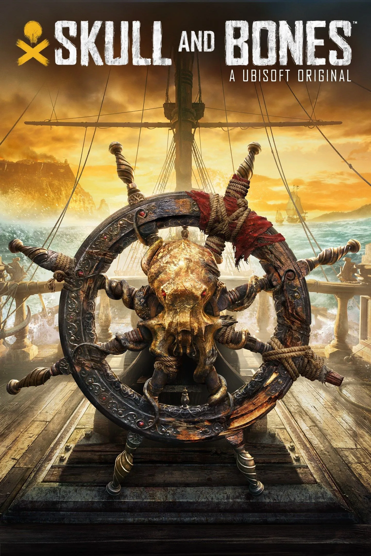 Hình ảnh hộp game Skull &amp; Bones với con tàu cướp biển hoành tráng giữa biển khơi, gợi mở về những cuộc đối đầu trên biển.