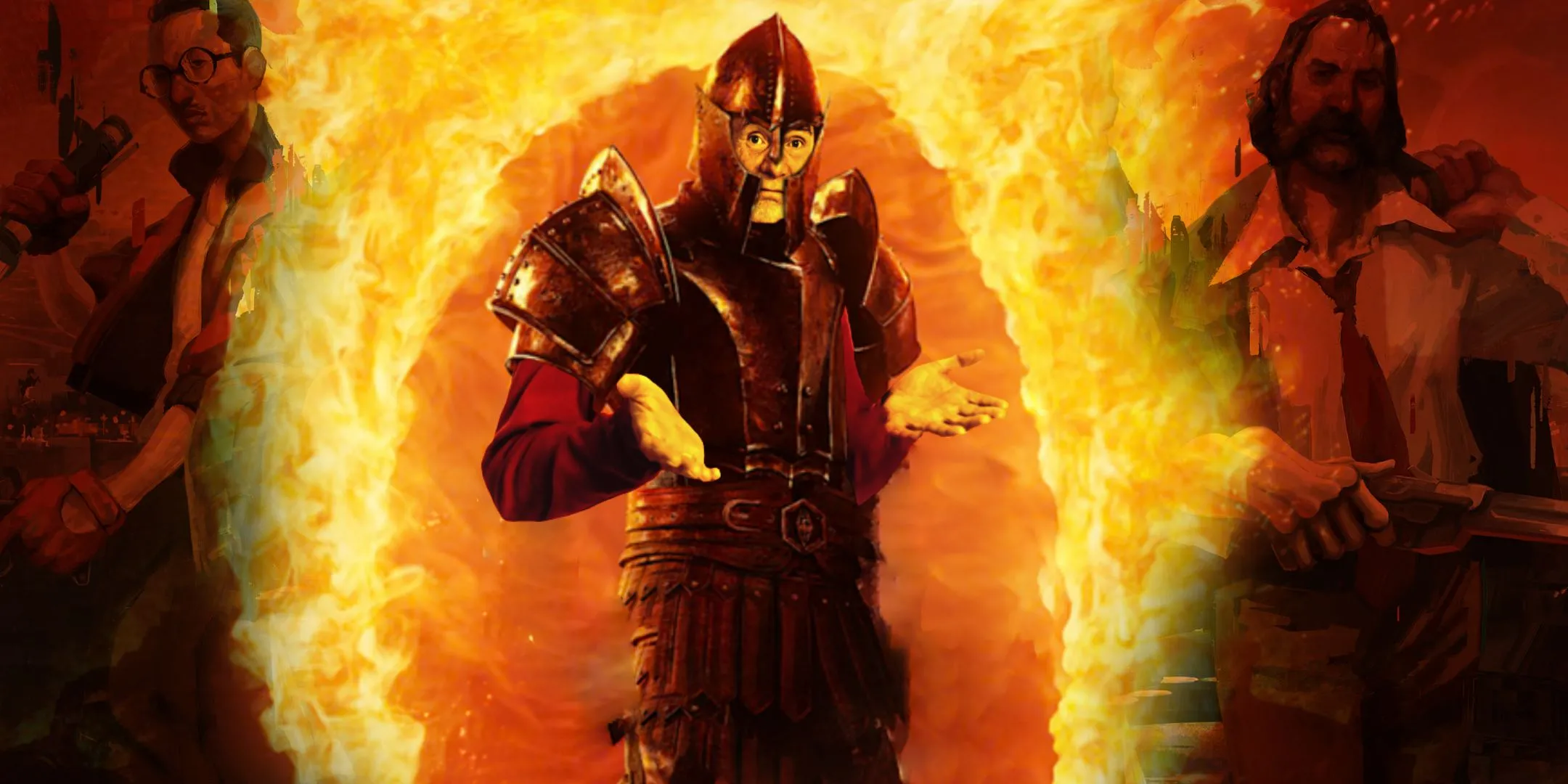 Hình ảnh meme người đàn ông nhún vai trên phông nền Oblivion cùng các nhân vật Disco Elysium, thể hiện sự khó hiểu ban đầu về game.