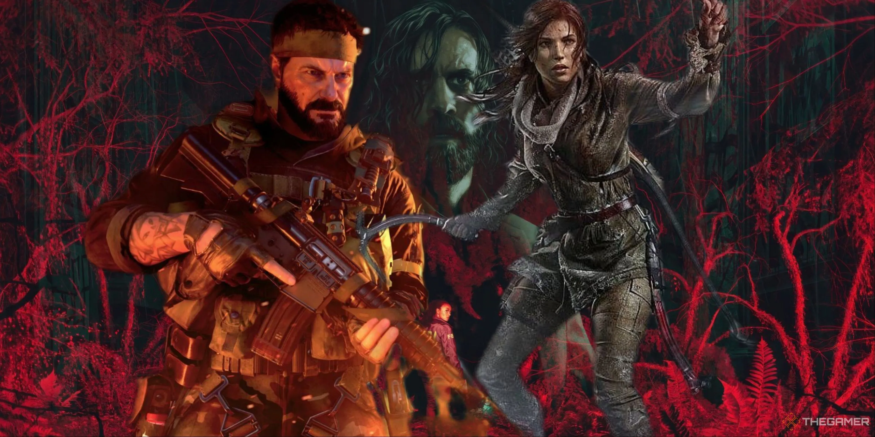 Hình ảnh tổng hợp các nhân vật nổi tiếng như Frank Woods (COD Black Ops Cold War), Lara Croft (Rise of the Tomb Raider) và artwork chính của Alan Wake 2, đại diện cho những tựa game đáng chơi.