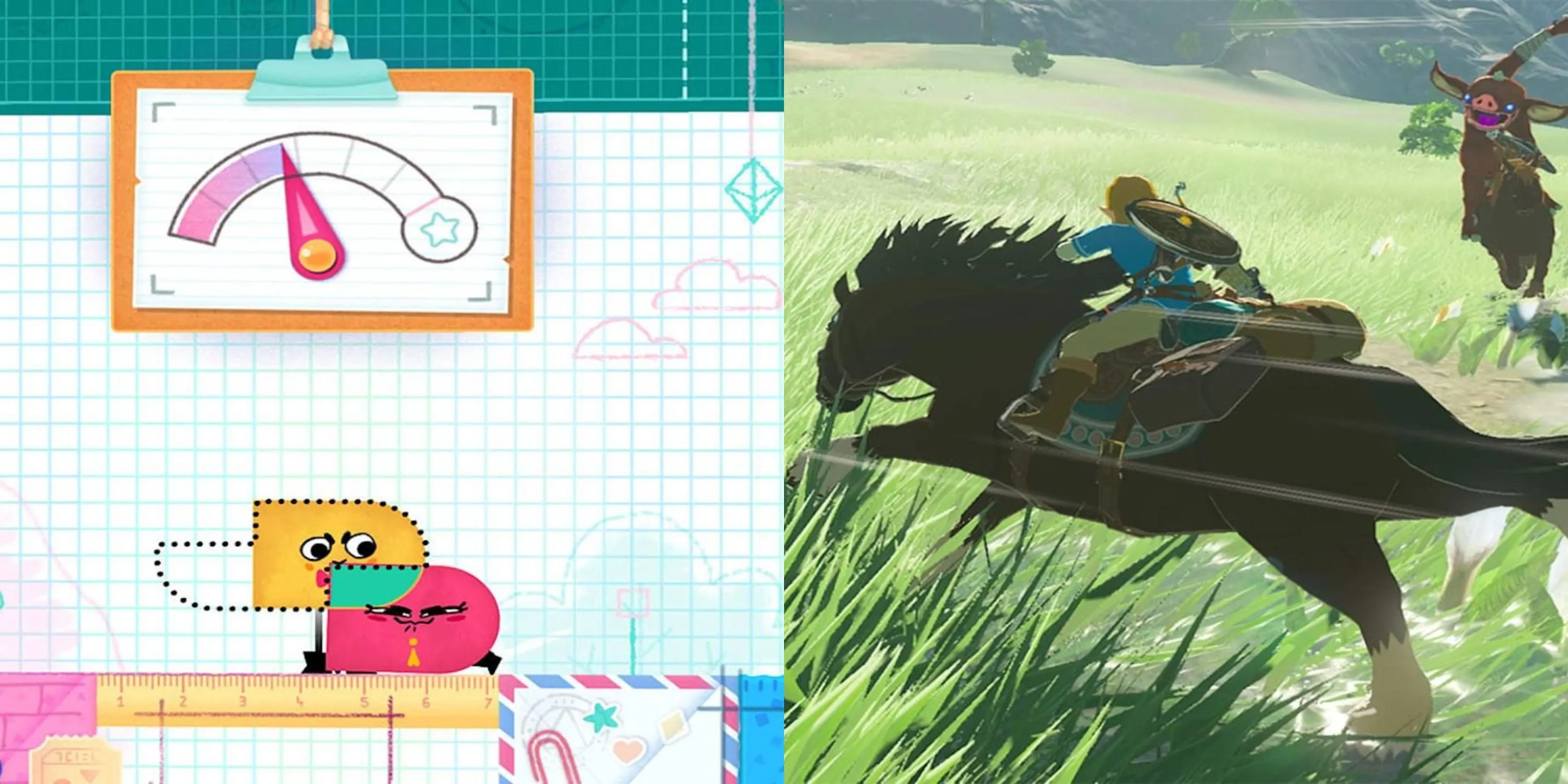 Hình ảnh tổng hợp các tựa game nổi bật trên Nintendo Switch như Snipperclips và The Legend of Zelda: Breath of the Wild