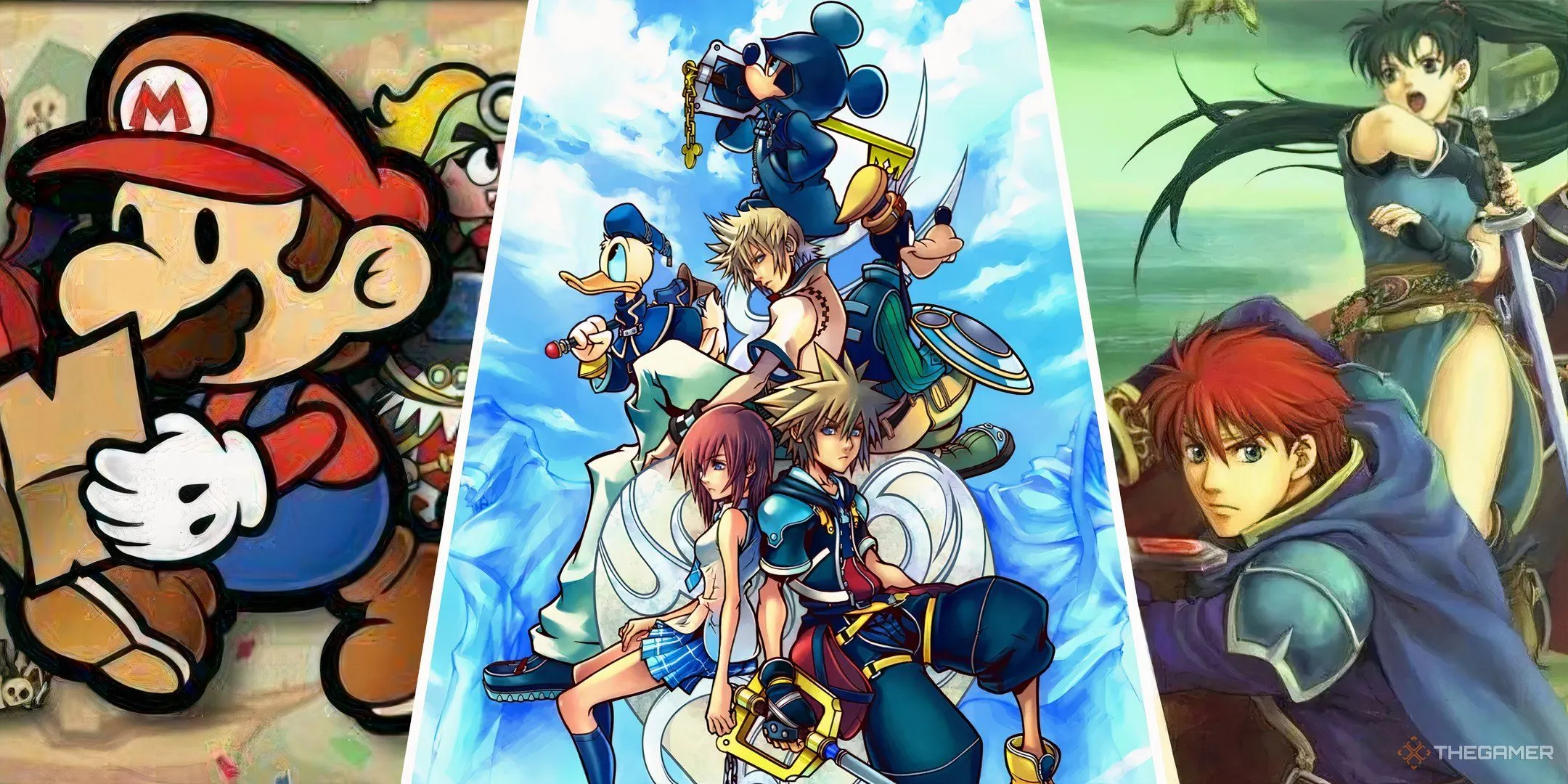 Hình ảnh tổng hợp các tựa JRPG nổi tiếng như Paper Mario: The Thousand-Year Door, Kingdom Hearts 2 và Fire Emblem: The Blazing Blade, minh họa sự đa dạng của thể loại game nhập vai Nhật Bản.