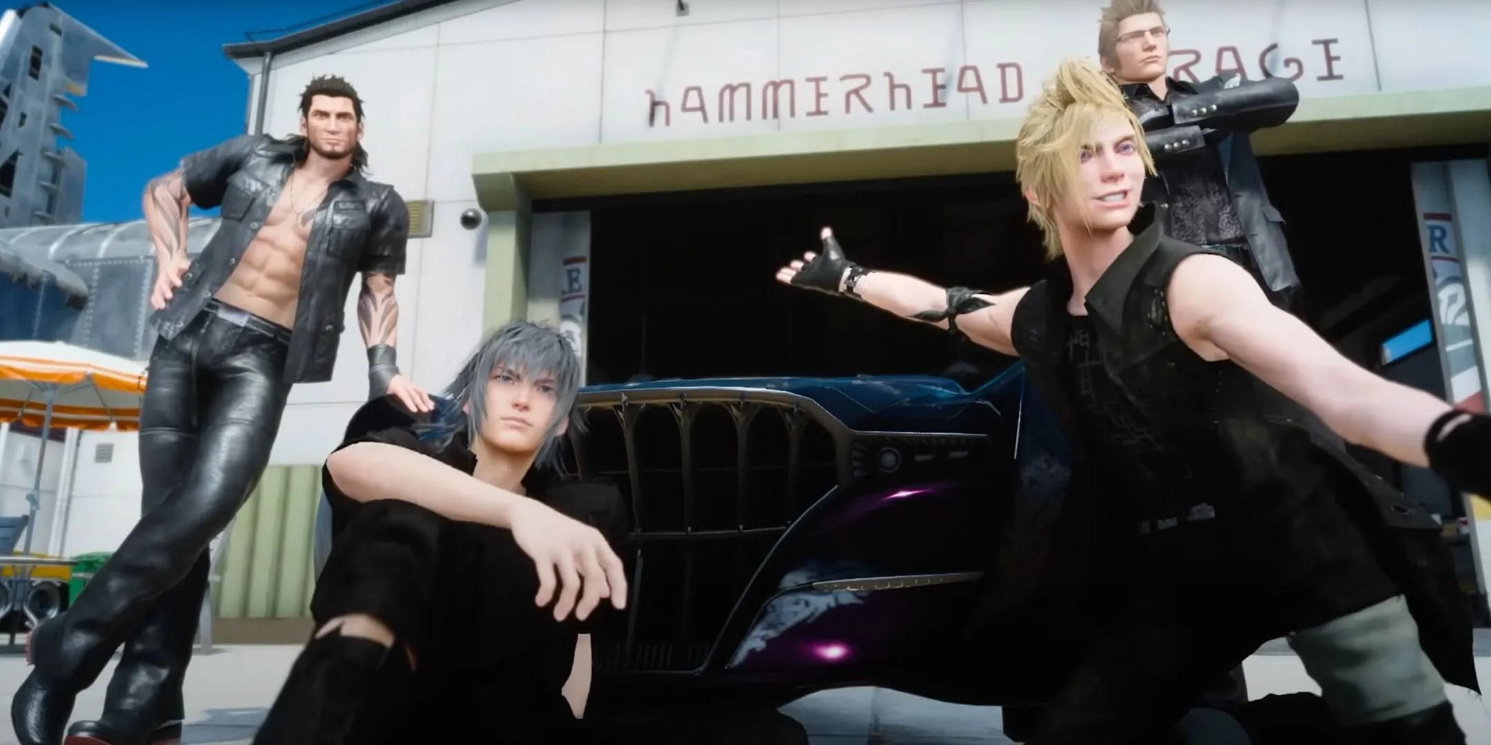 Hoàng tử Noctis và những người bạn Ignis, Gladiolus, Prompto trong một khoảnh khắc thư giãn tại Final Fantasy 15