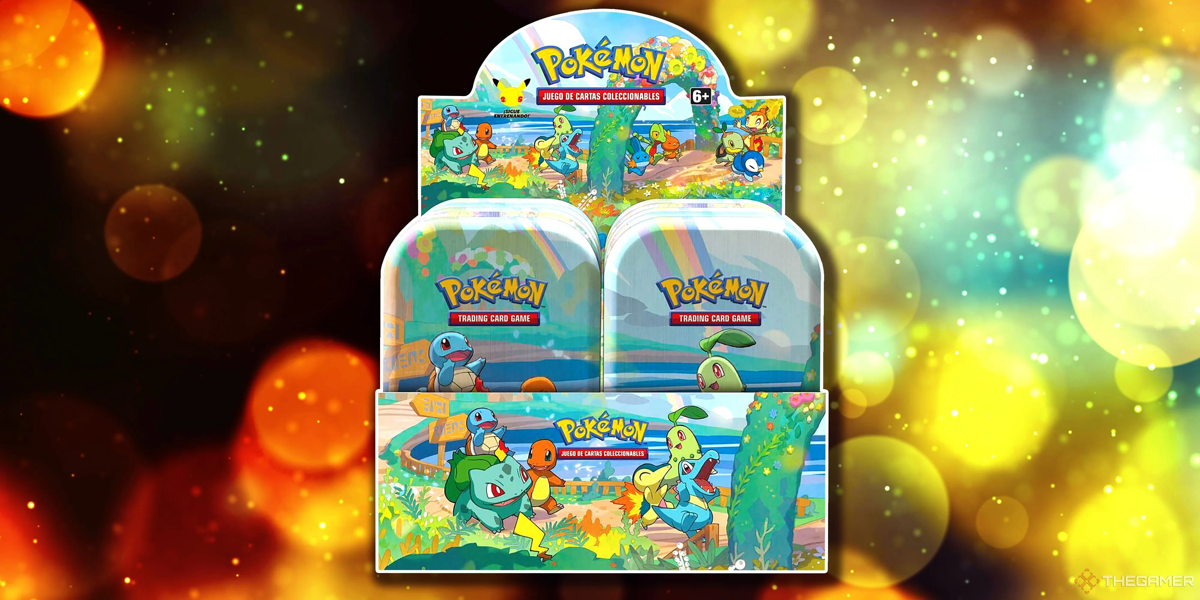 Hộp Mini Tin Display Celebrations của Pokémon TCG, trưng bày các hộp thiếc nhỏ có hình Pokémon khởi đầu từ Kanto và Johto, kỷ niệm 25 năm Pokémon.