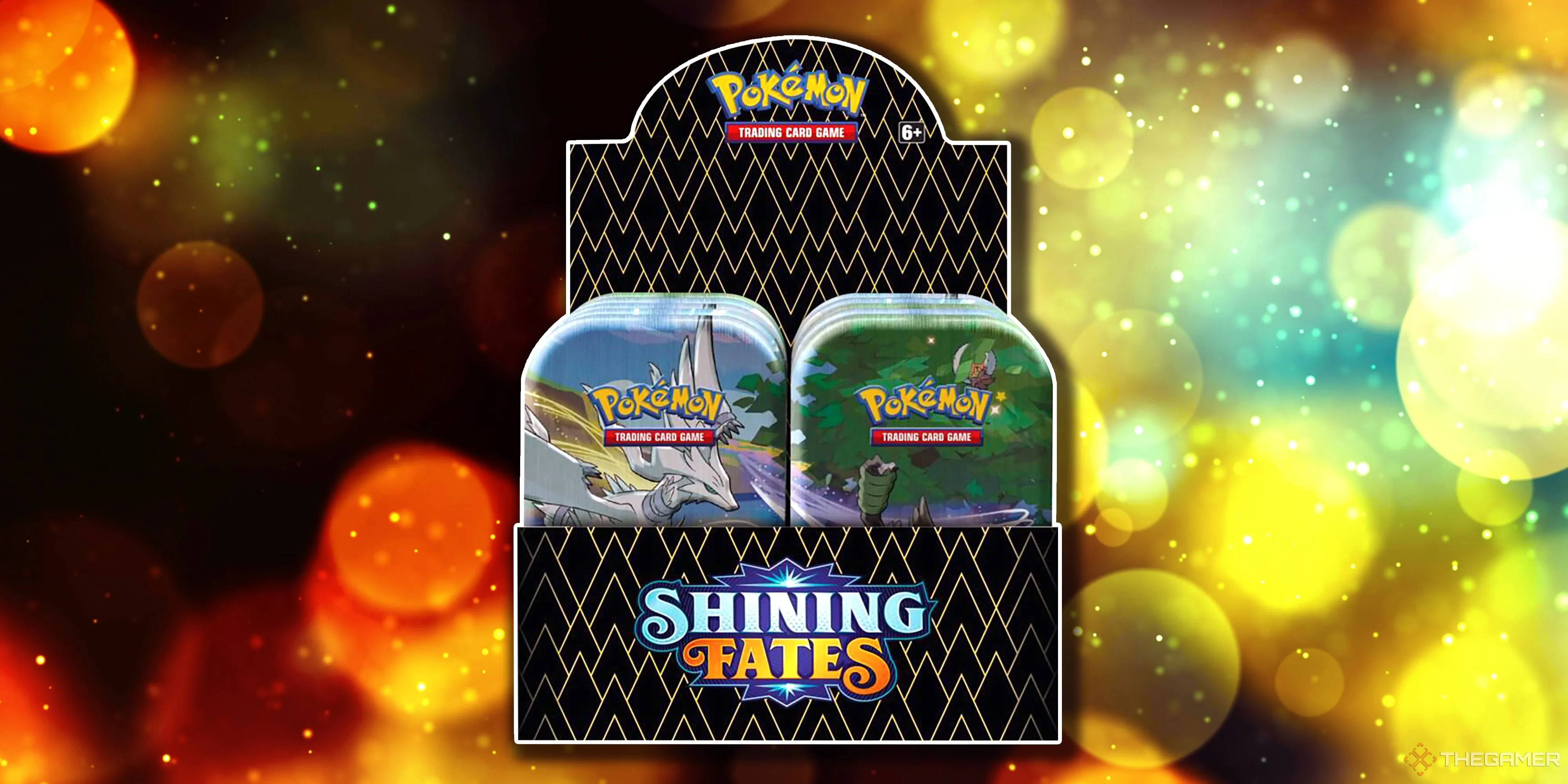 Hộp Mini Tin Display Shining Fates của Pokémon TCG, chứa mười hộp thiếc nhỏ với hình ảnh các Pokémon Shiny nổi bật từ bộ Shining Fates.