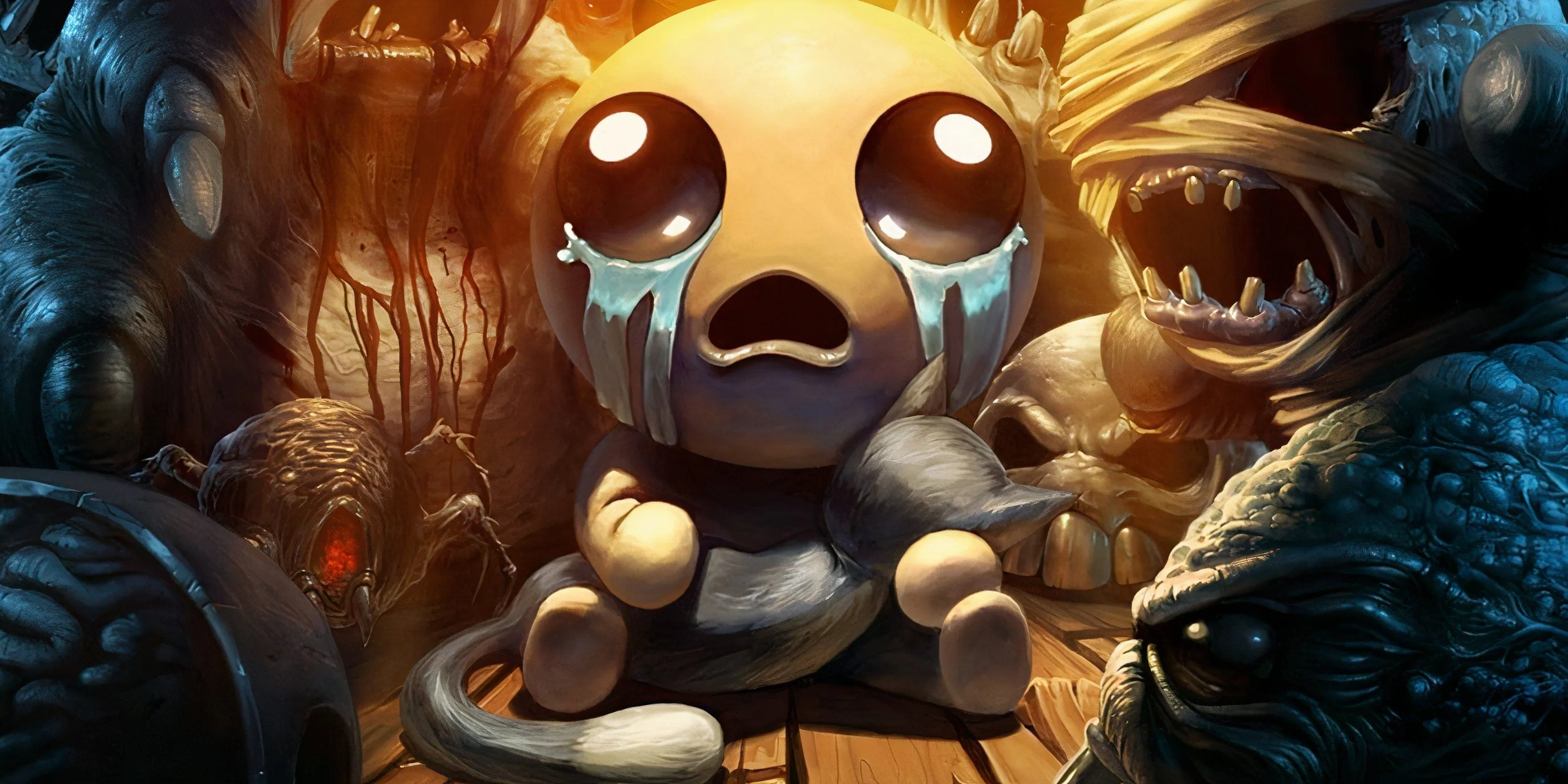 Isaac ôm mèo cưng giữa vòng vây kẻ thù trong The Binding of Isaac.