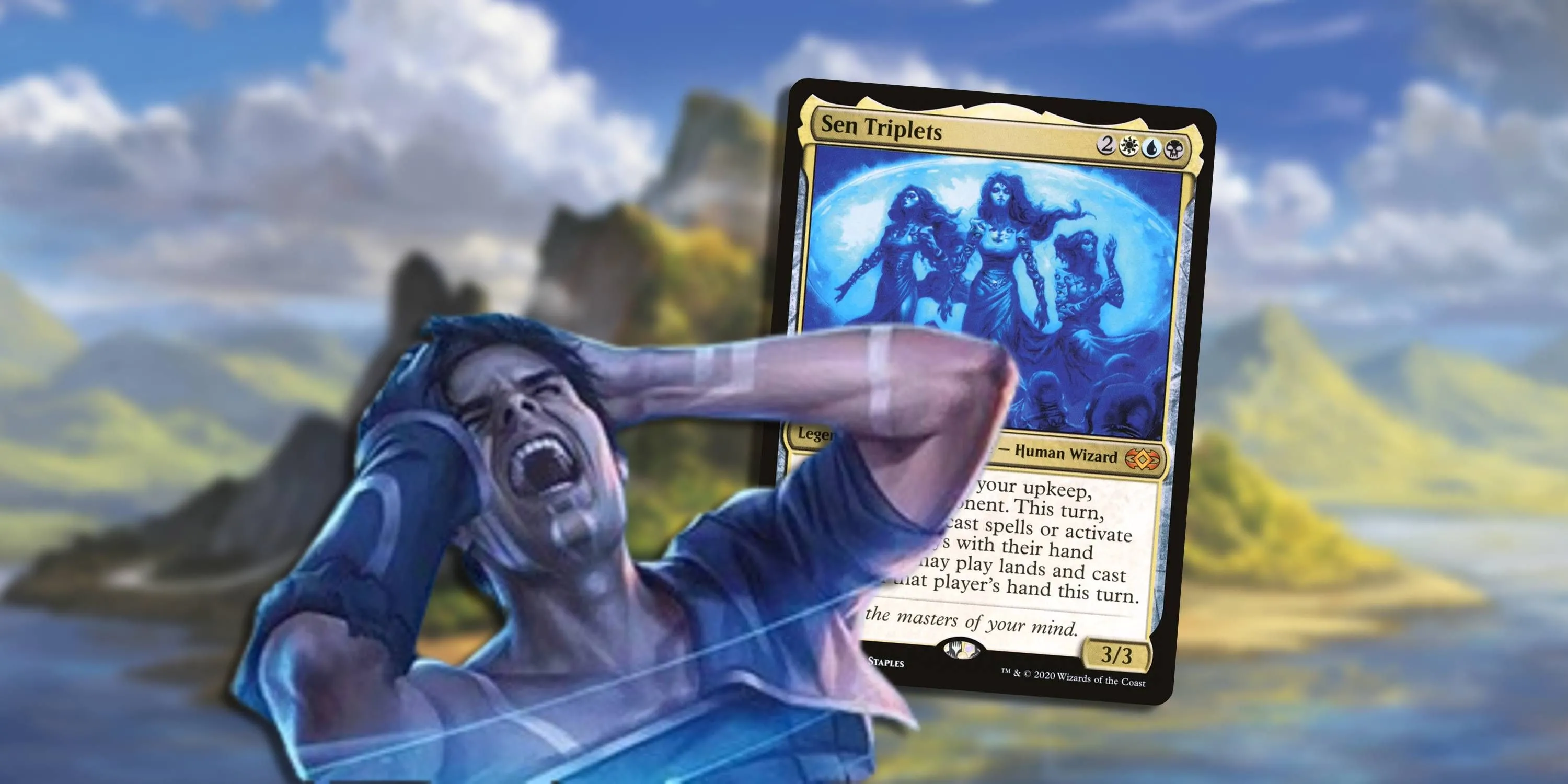 Jace Jace Beleren với Sen Triplets ở phía sau thể hiện sự hỗn loạn của đa vũ trụ Magic The Gathering.