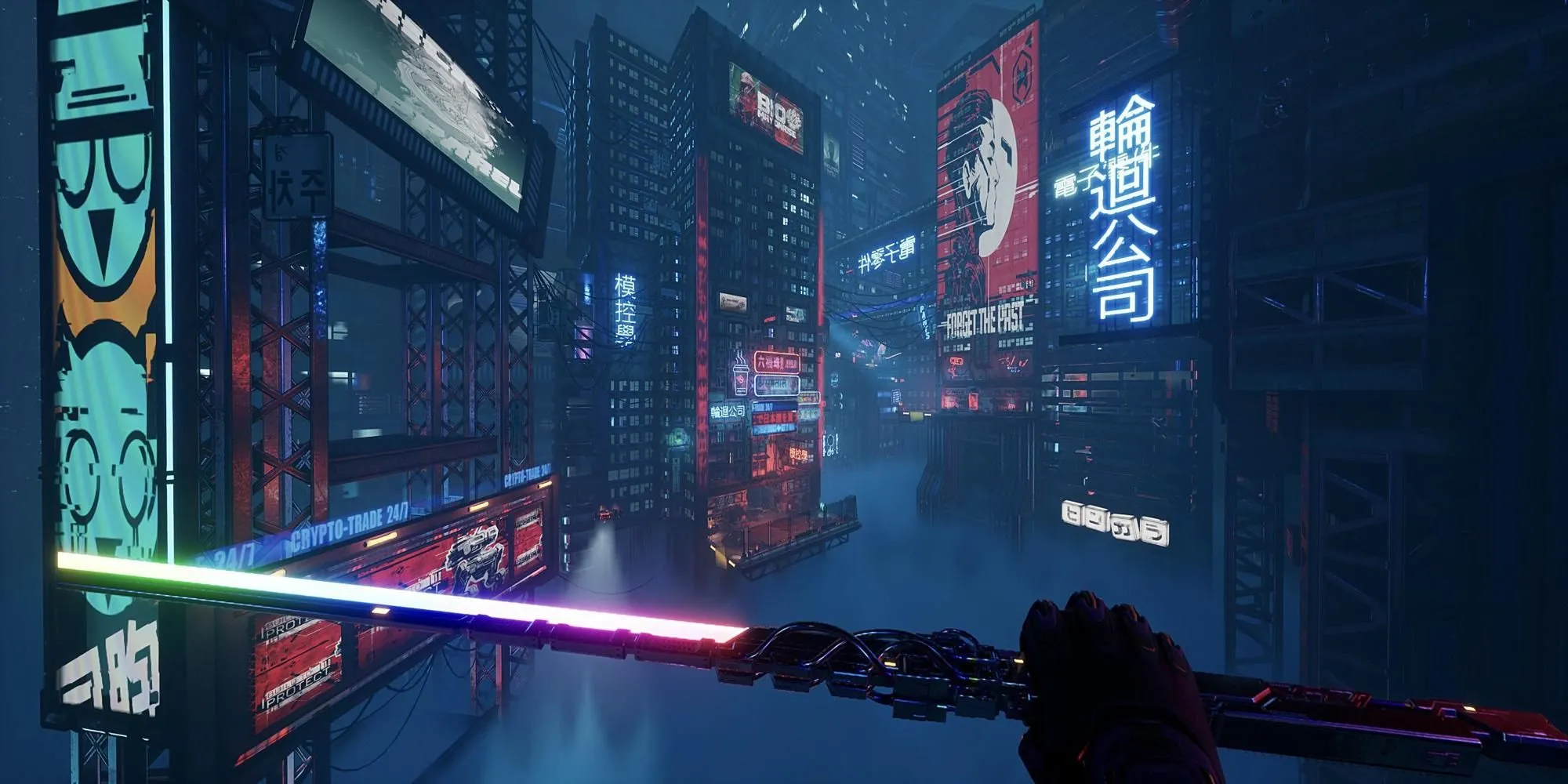 Jack, Ghostrunner, cầm kiếm katana và nhìn ngắm tòa tháp Dharma trong thế giới cyberpunk đầy rẫy nguy hiểm