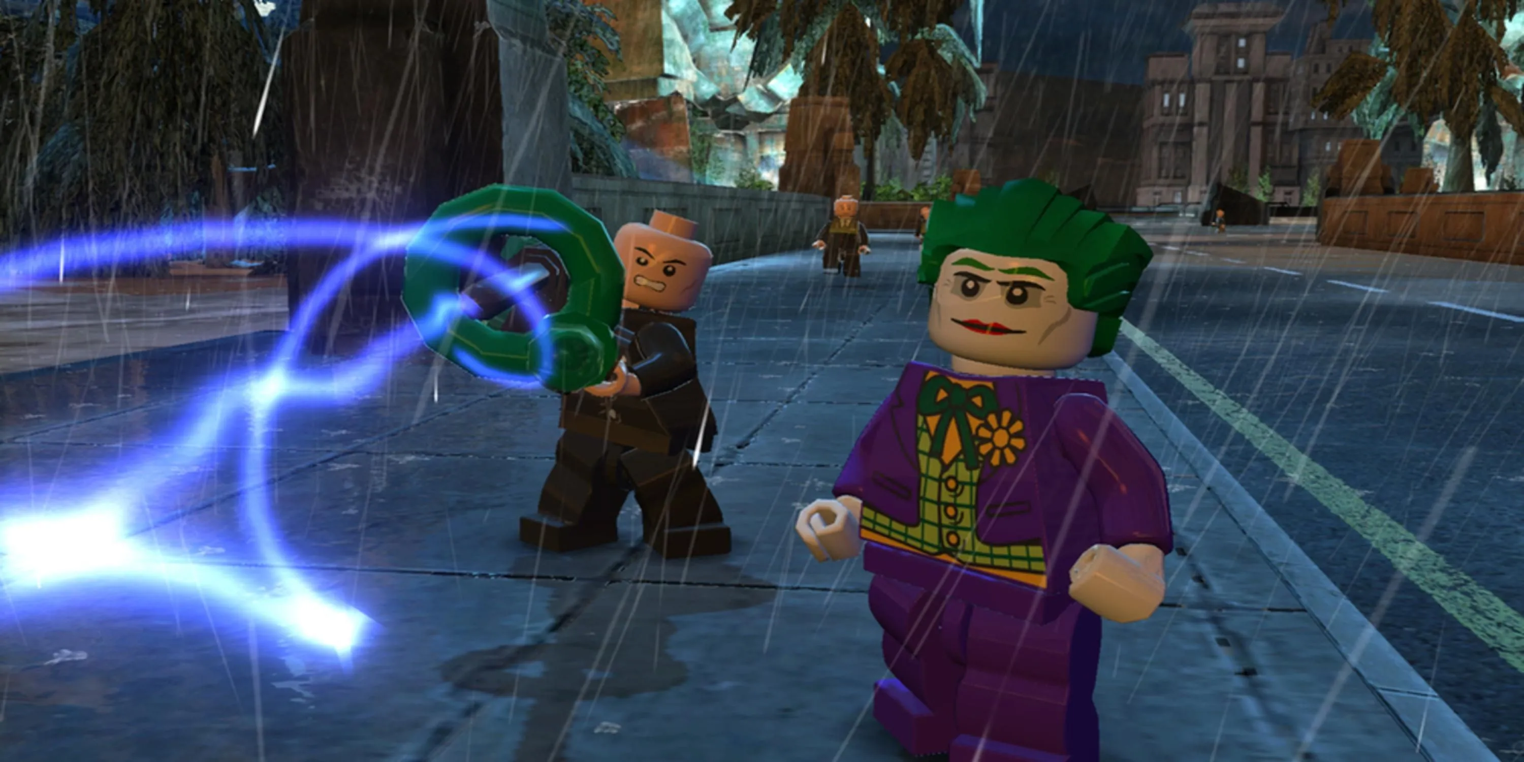 Joker và tay sai gây hỗn loạn trong Lego Batman 2: DC Super Heroes, thể hiện sự mở rộng vũ trụ DC và cơ chế thế giới mở đầy tính giải trí.