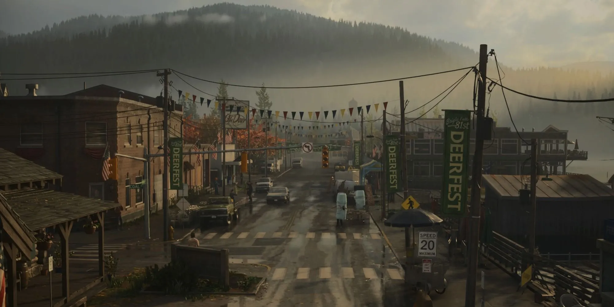 Khung cảnh thị trấn Bright Falls yên bình nhưng ẩn chứa nhiều bí mật trong Alan Wake.