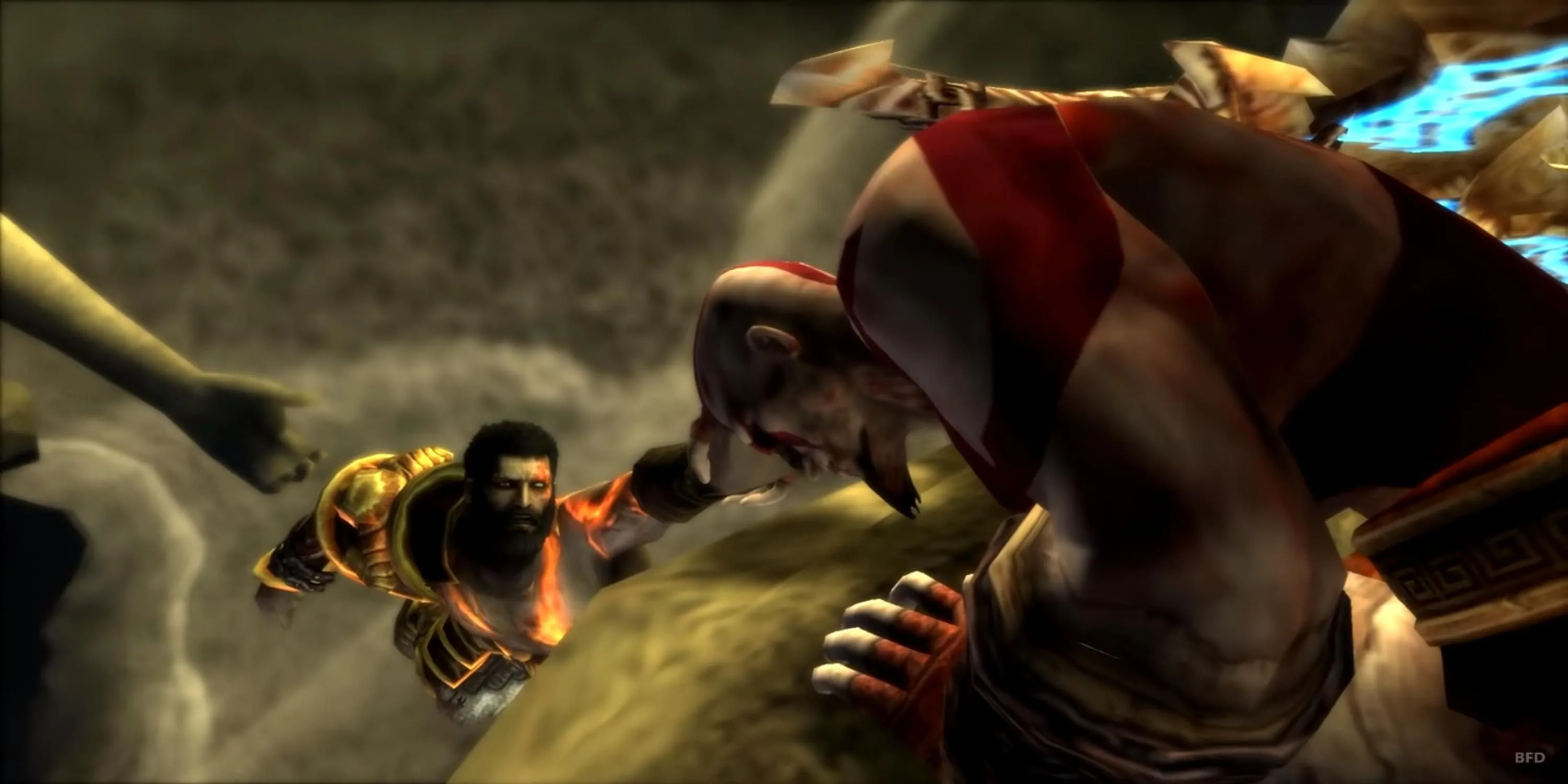Kratos ôm chặt em trai Deimos trong God of War: Ghost of Sparta, nhấn mạnh chiều sâu cốt truyện và đồ họa ấn tượng trên PSP