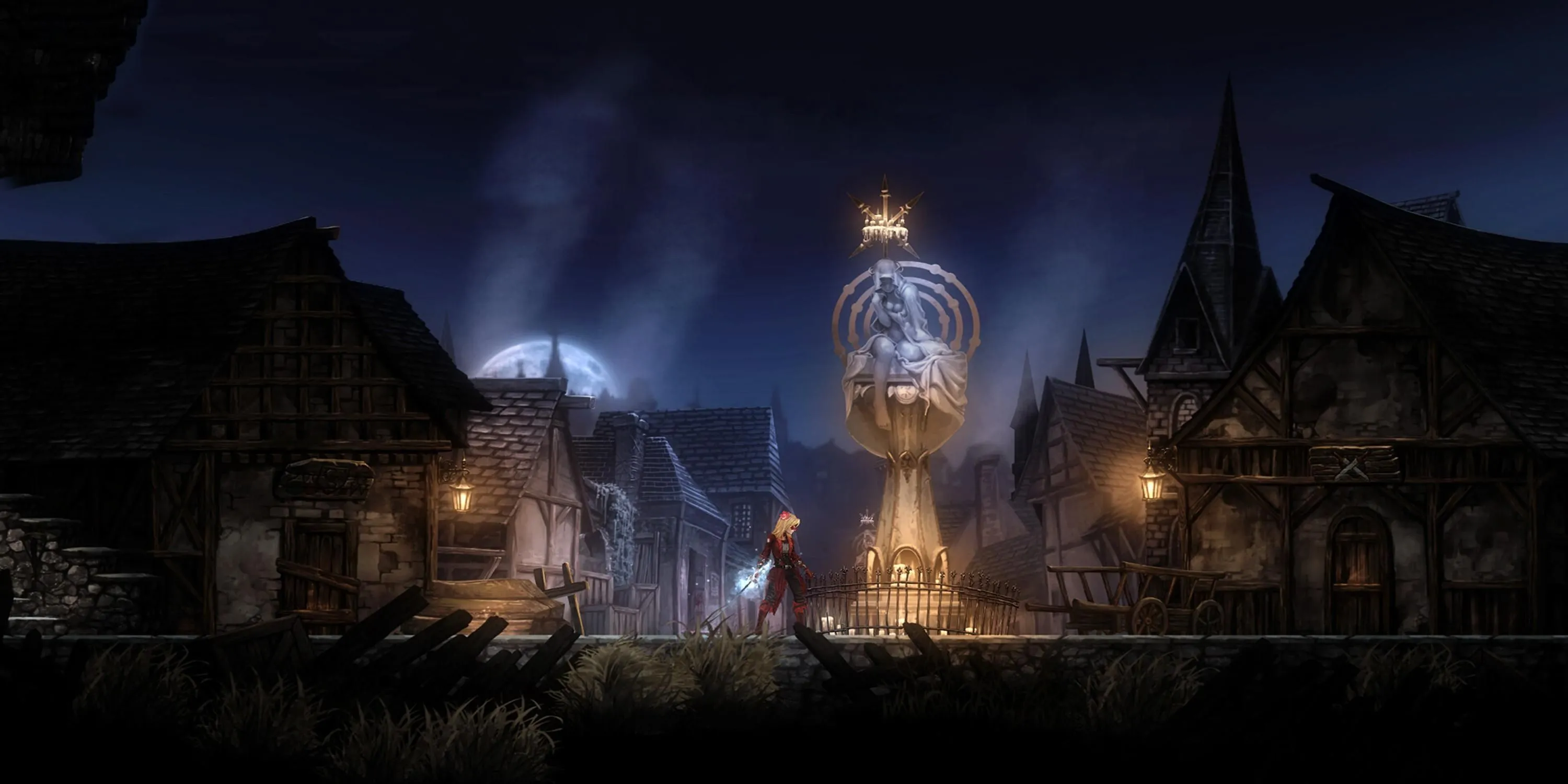 Leila đứng cạnh một đài phun nước trong thị trấn ở Vigil The Longest Night, thể hiện không khí u ám