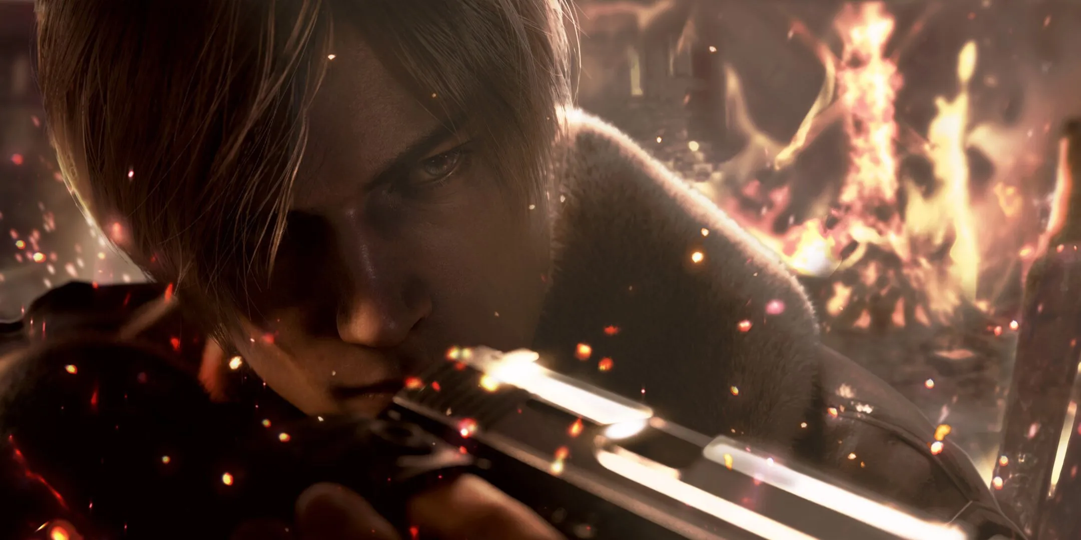 Leon S. Kennedy tự tin nhắm súng trong Resident Evil 4, minh họa phong thái hành động anh hùng và những pha xử lý đầy ngẫu hứng của anh.