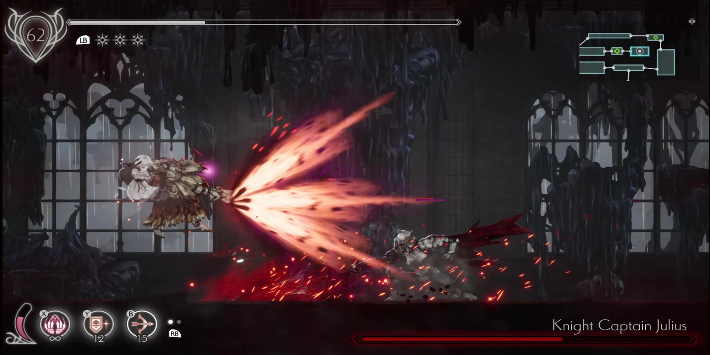 Lily triệu hồi linh hồn chiến đấu với boss trong Ender Lilies Quietus of the Knights, thể hiện cơ chế gameplay đặc trưng