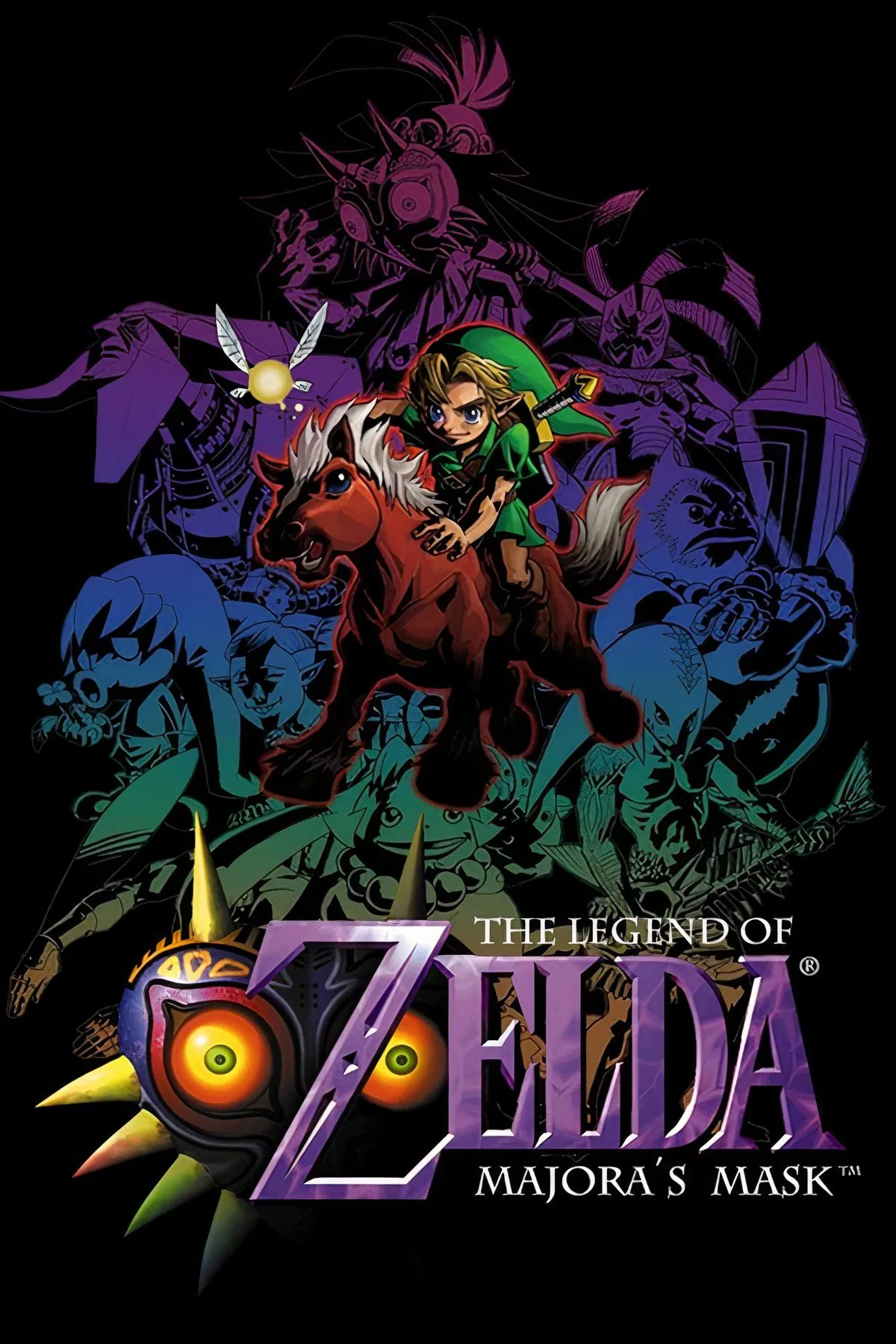 Link đeo Majora's Mask với ánh trăng khổng lồ đe dọa phía sau.
