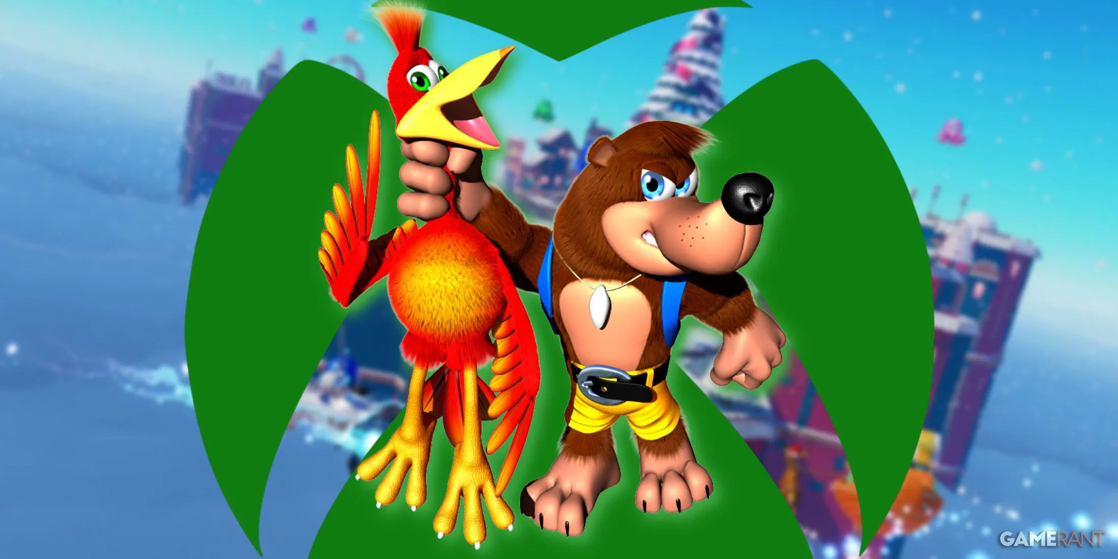 Logo Xbox màu xanh lá cây và nhân vật Banjo-Kazooie