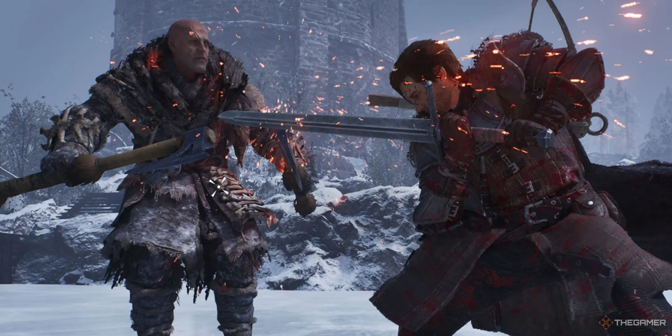 Lối chơi Game of Thrones: Kingsroad với nhân vật chiến đấu với người khổng lồ trong bối cảnh tuyết trắng