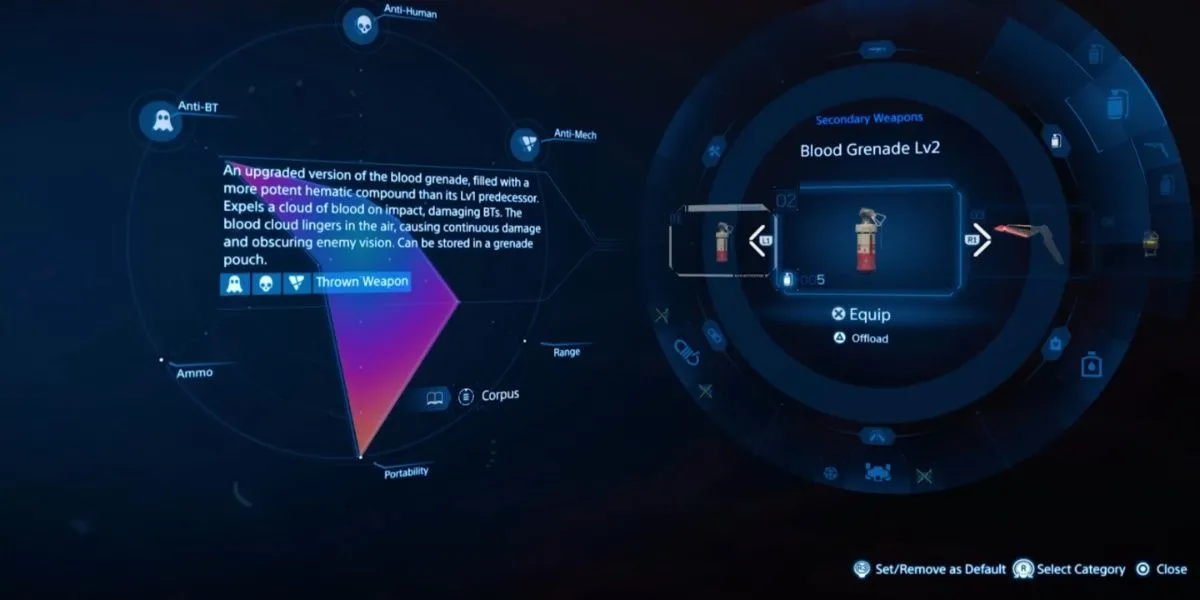 Lựu đạn máu cấp 2 Blood Grenade Lv2 trong Death Stranding 2: On the Beach, vũ khí kiểm soát đám đông BTs