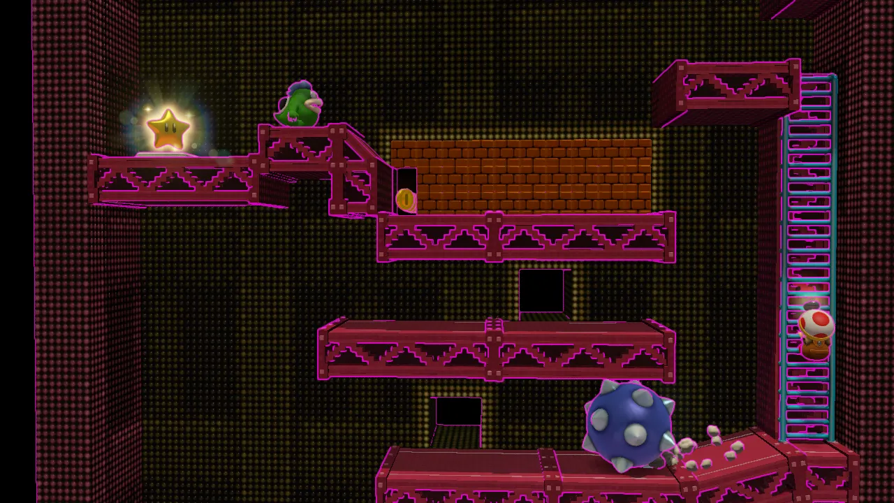 Màn chơi Retro Ramp-Up trong Captain Toad: Treasure Tracker, với Captain Toad né tránh vật cản giống thùng của Donkey Kong