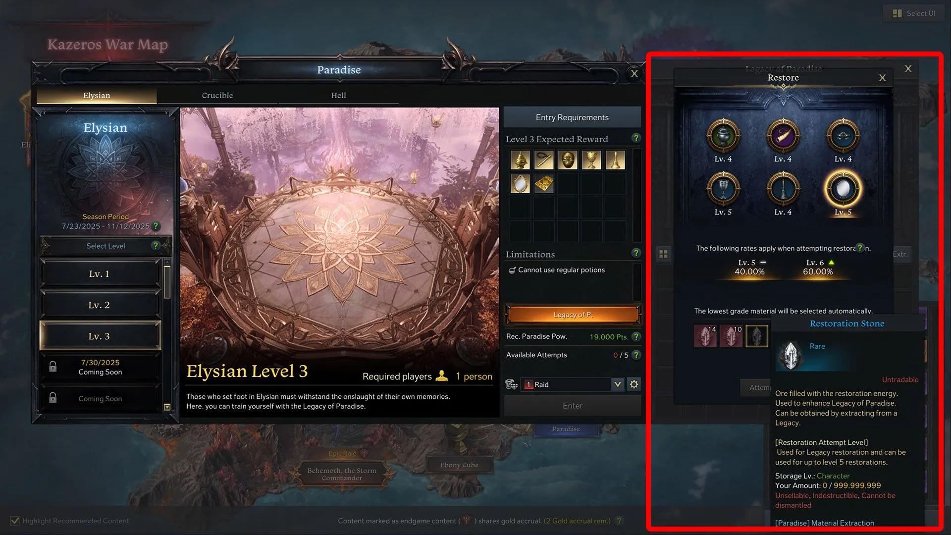 Màn hình Legacy of Paradise trong Lost Ark, hiển thị các món trang bị mới và tính năng Restore.