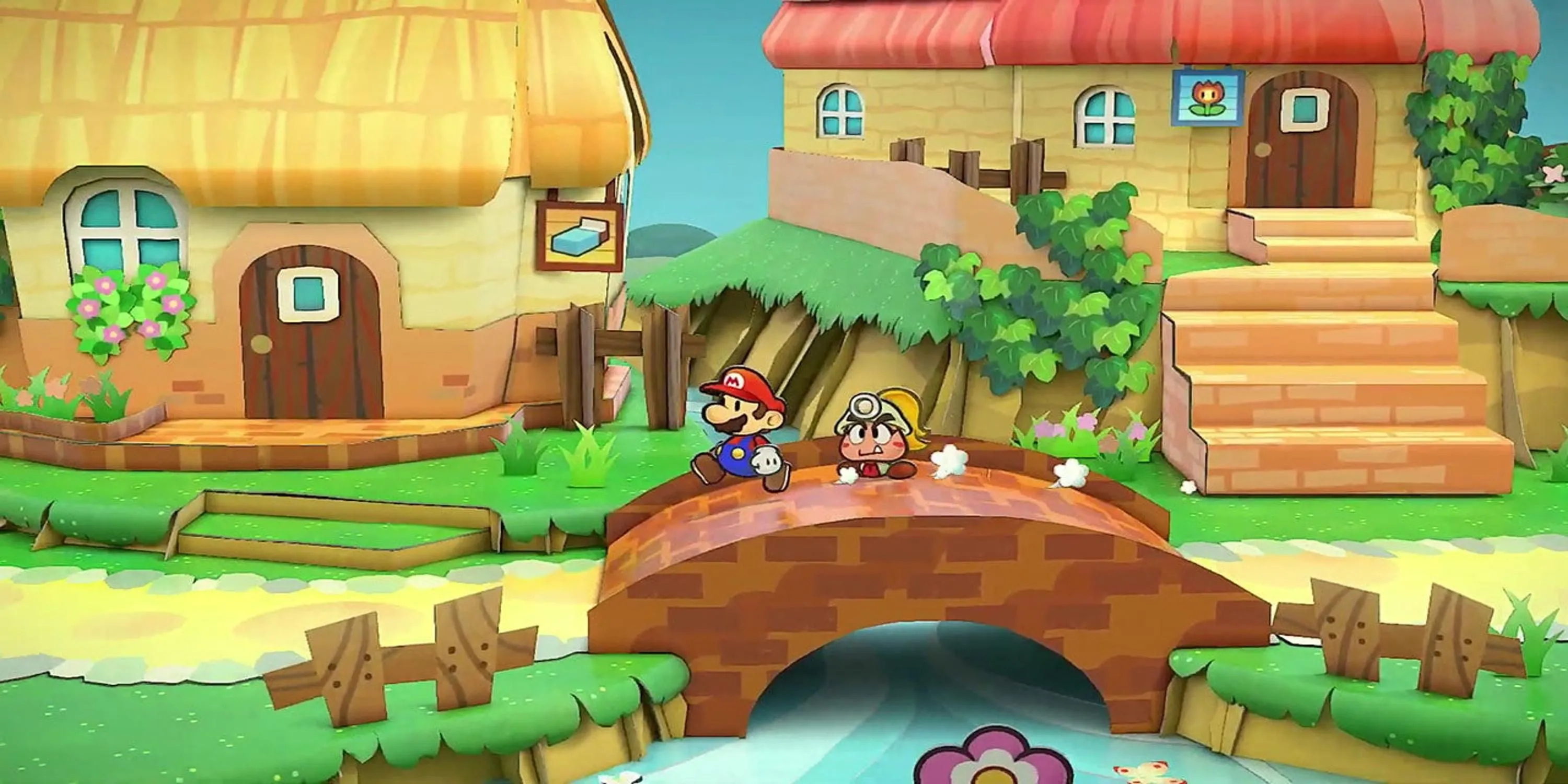 Mario băng qua cầu trong Paper Mario The Thousand-Year Door, phong cách đồ họa giấy độc đáo