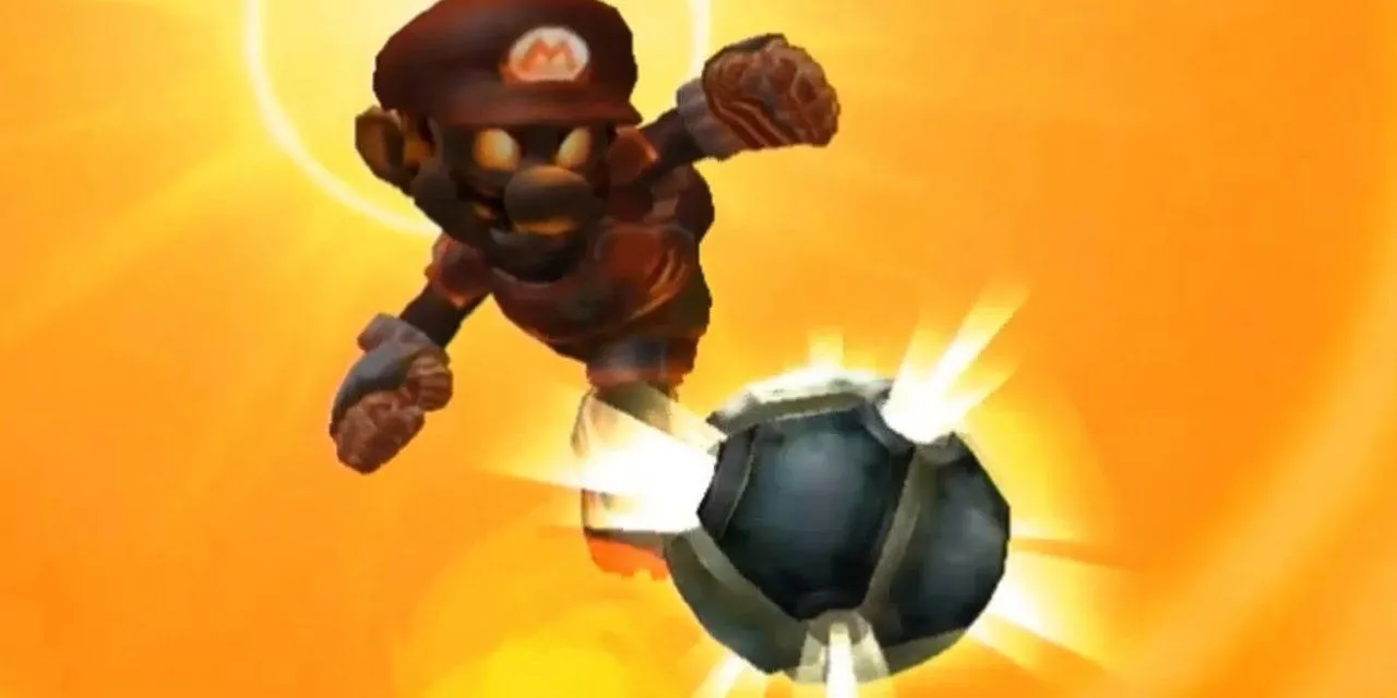 Mario thực hiện cú sút Mega Strike đầy uy lực trong game Mario Strikers Charged trên Wii