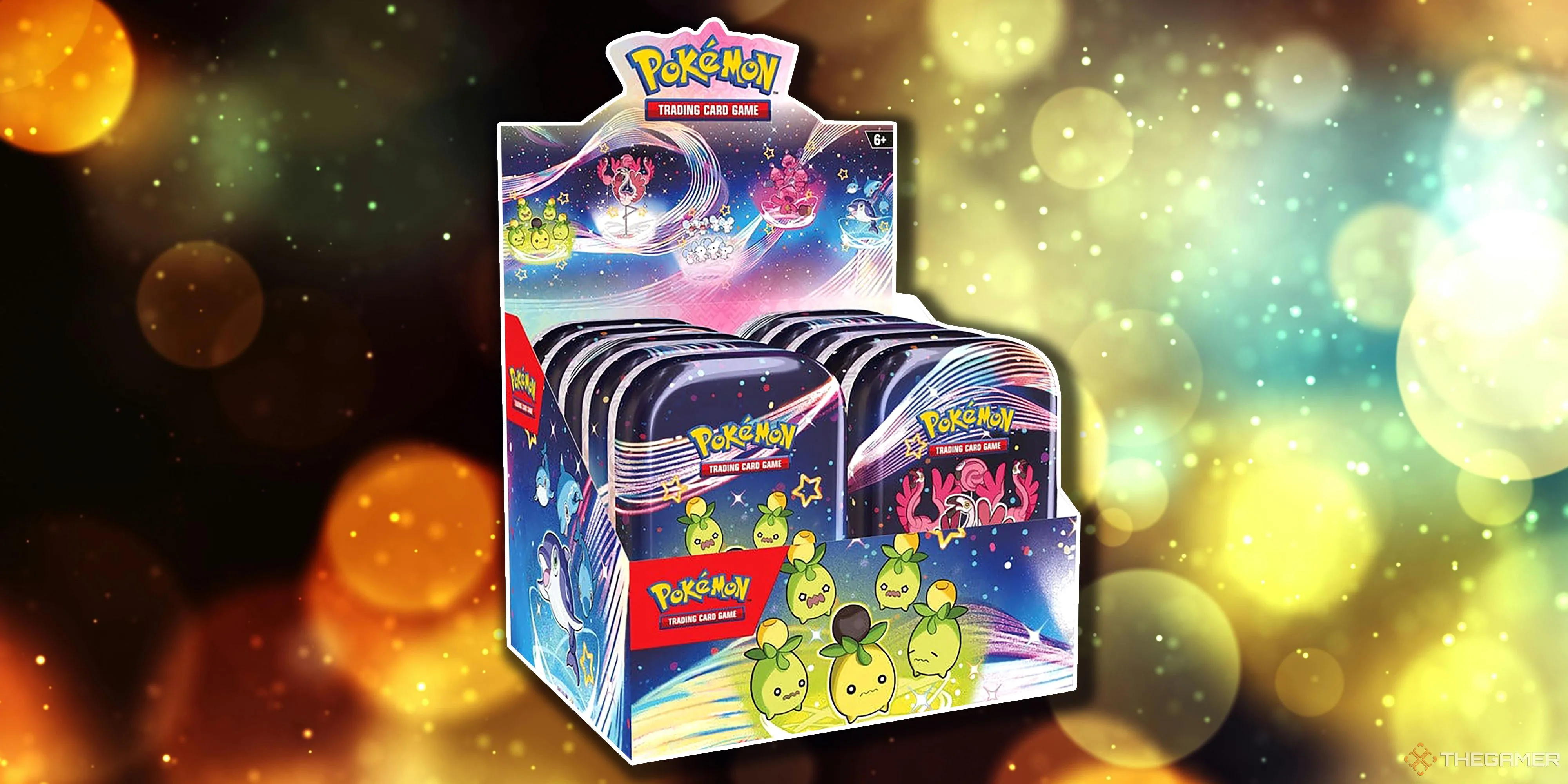 Mini Tin Display Paldean Fates của Pokémon TCG, với các hộp thiếc nhỏ màu sắc rực rỡ, chứa các thẻ bài từ bộ Paldean Fates đặc biệt.