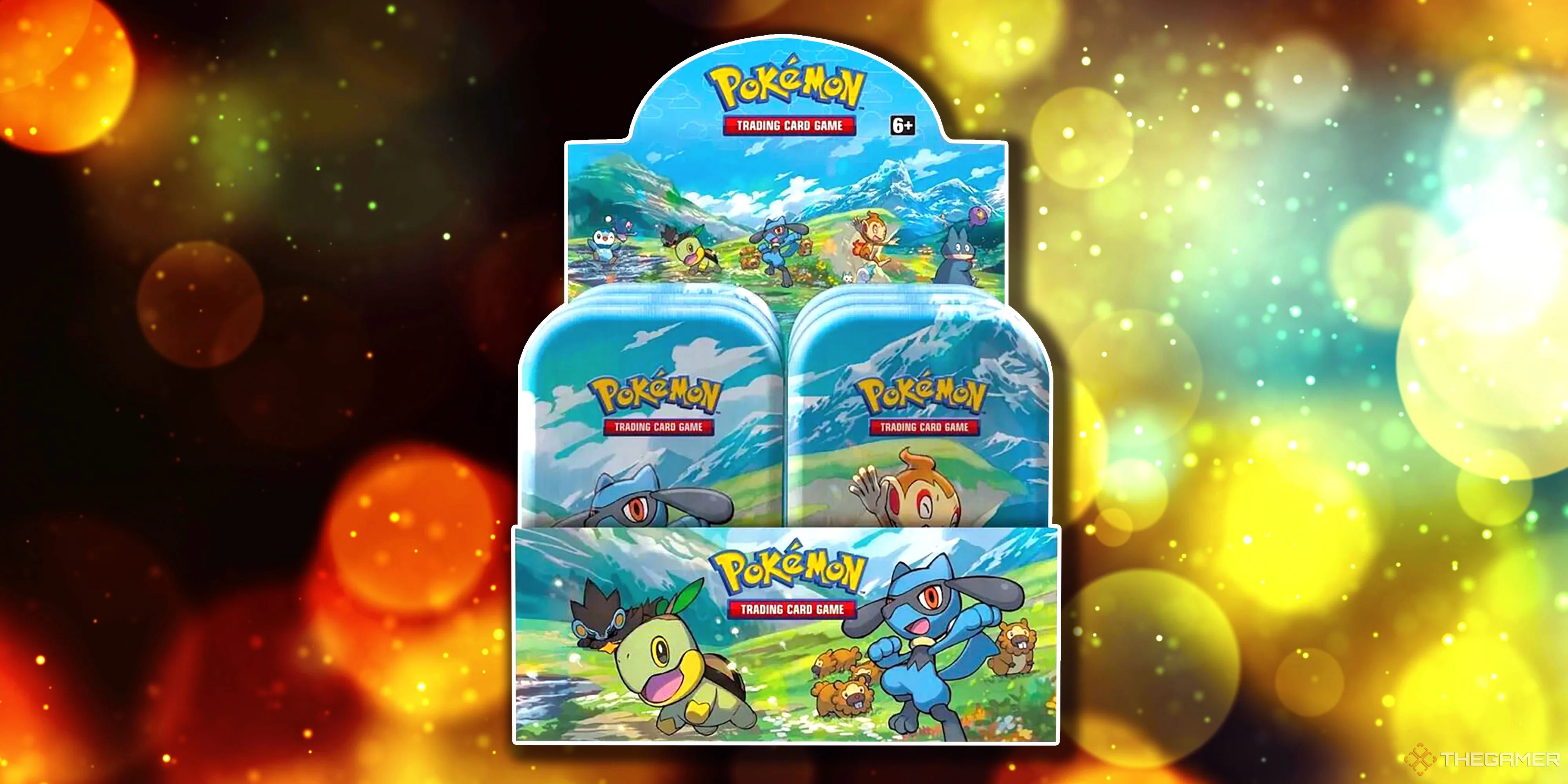 Mini Tin Display Sinnoh Star trong Pokémon TCG, với các hộp thiếc nhỏ được sắp xếp bắt mắt, minh họa bởi các Pokémon nổi tiếng từ vùng Sinnoh.