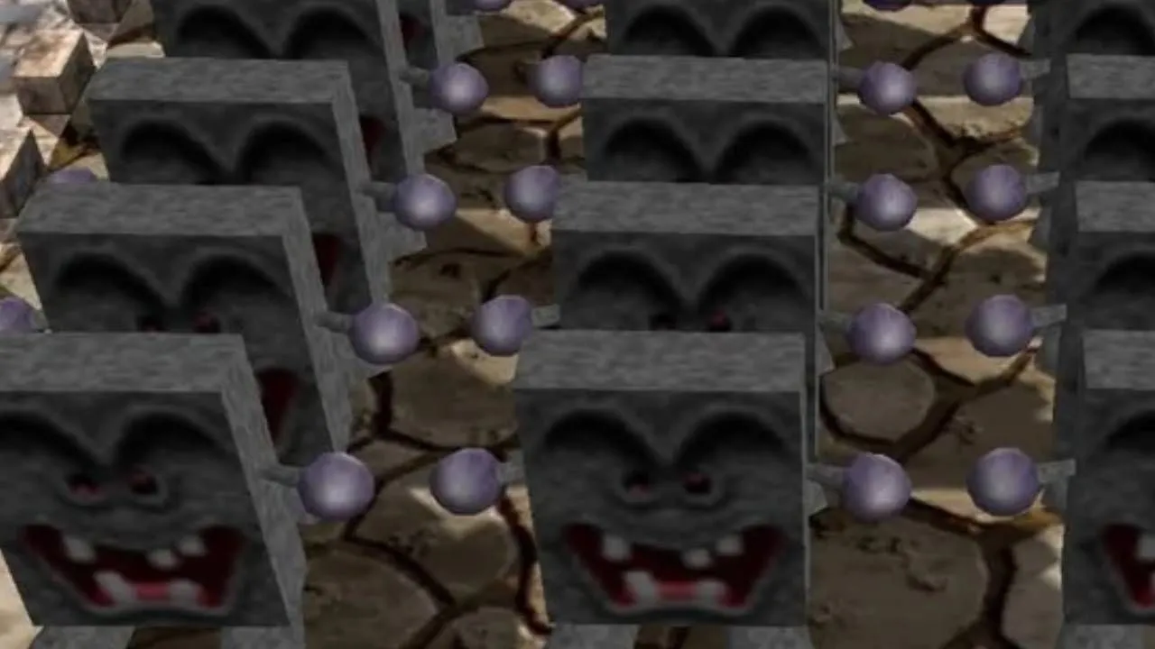 Minigame Thwomp Mash trong Mario Party với các nhân vật Mario Party đang đập phá.
