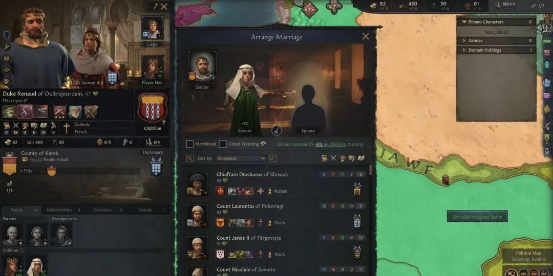 Một nhân vật quý tộc sắp xếp hôn nhân cho con gái mình trong Crusader Kings 3, minh họa chiều sâu hệ thống quản lý gia đình và dòng dõi của game.