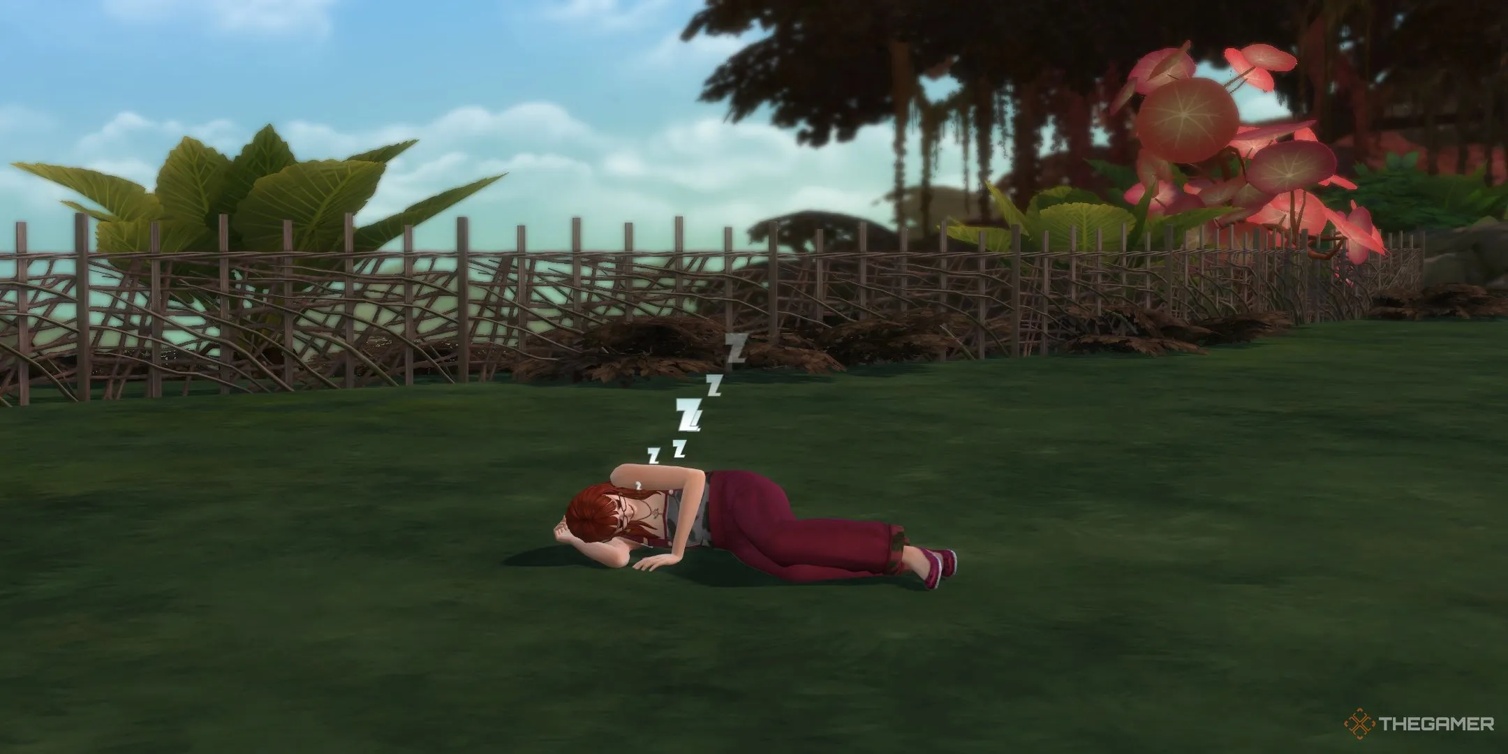 Một Sim đang ngủ trên sàn nhà, thể hiện khả năng sống thuận tự nhiên trong The Sims 4 Enchanted By Nature