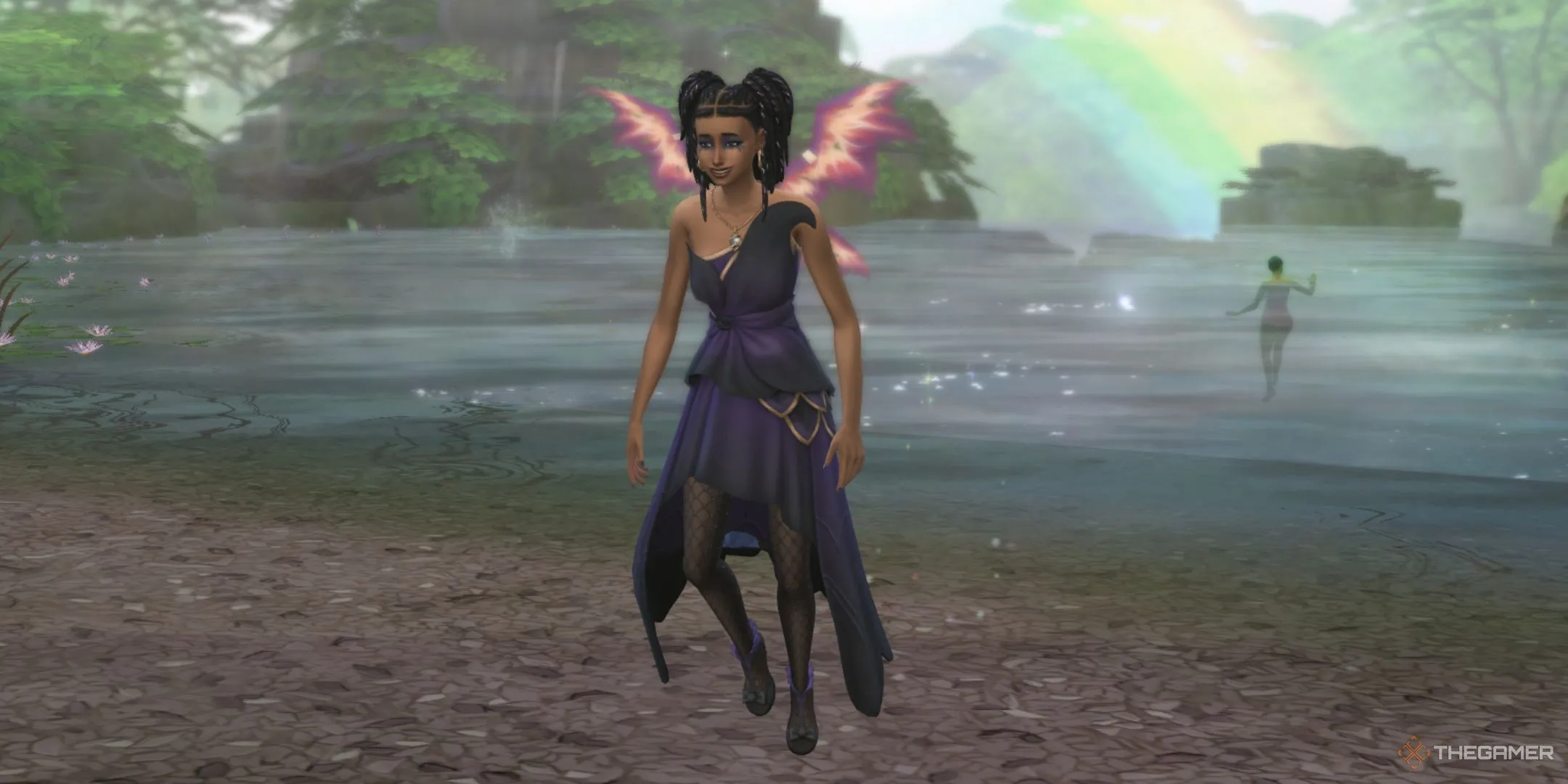 Một Sim tiên bước ra từ Suối Ánh Trăng ở Everdew, thể hiện khả năng phép thuật trong The Sims 4 Enchanted By Nature