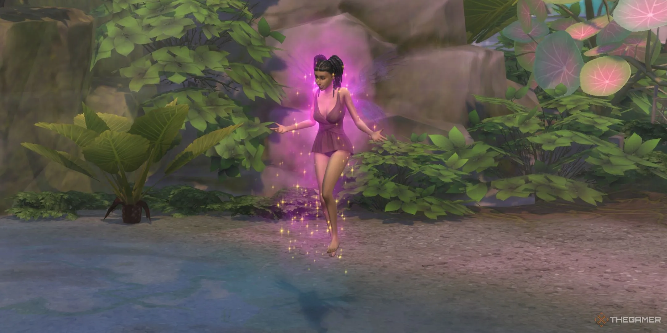Nàng tiên Sim đang mọc cánh tại suối Moondrop Springs trong gói Enchanted By Nature của The Sims 4.