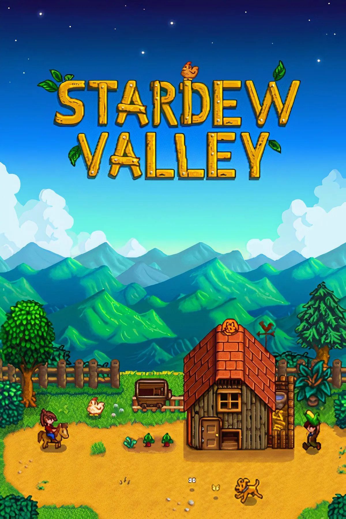 Người chơi đang thu hoạch rau củ trong Stardew Valley, với khung cảnh ban đêm và hiệu ứng ánh sáng mờ ảo, gợi cảm giác hồi hộp chờ đợi điều bất ngờ.