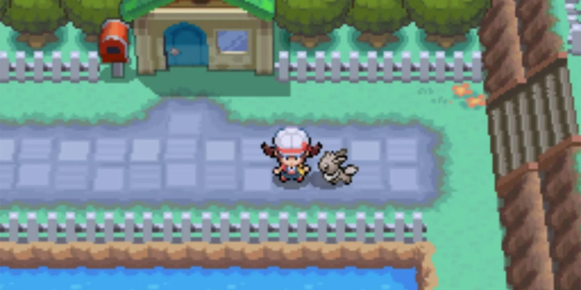 Người chơi đứng cùng một Eevee bên cạnh trong Pokemon HeartGold