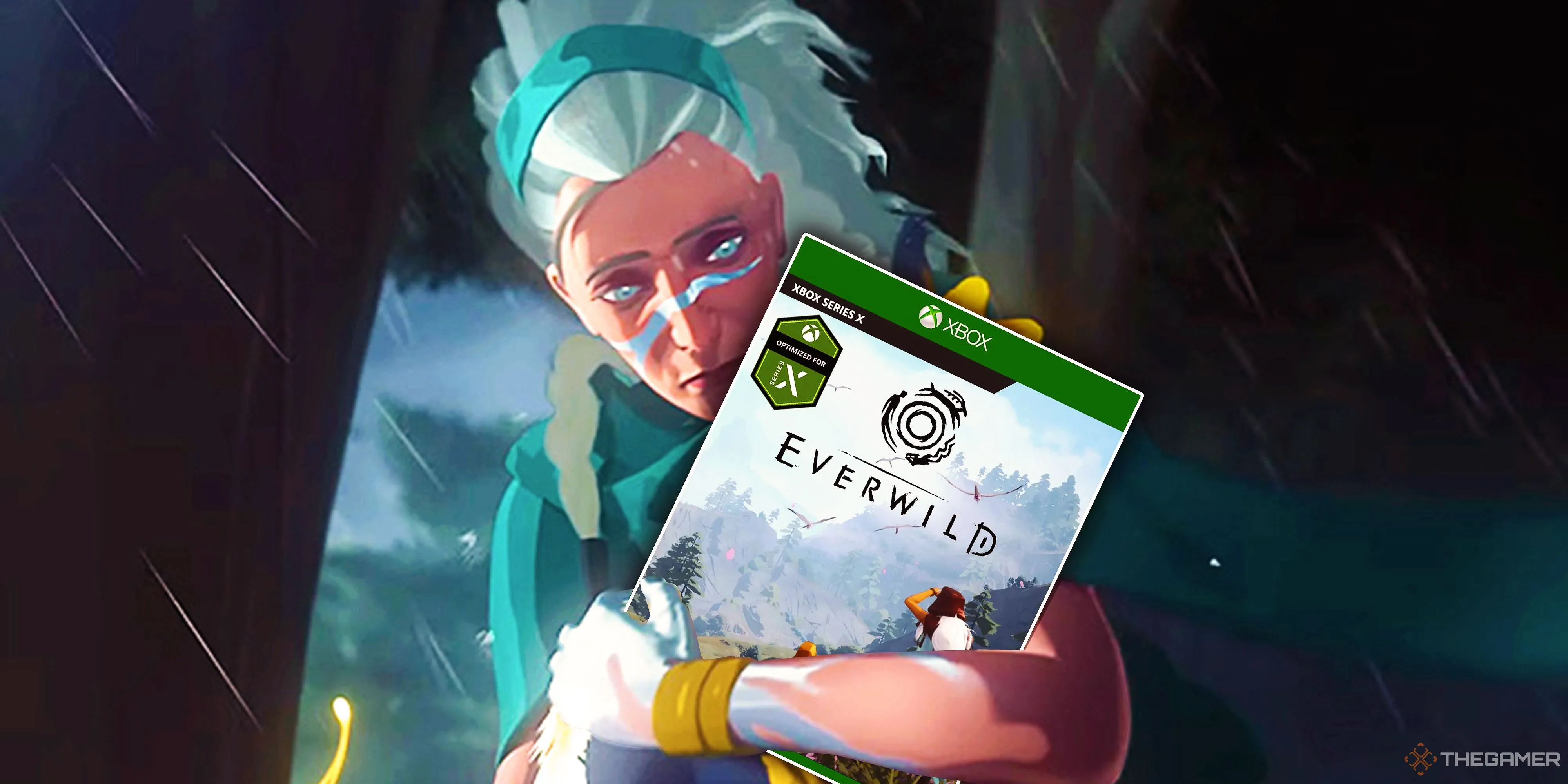 Nhân vật game Everwild của Rare cầm hộp đĩa Xbox Series X, tượng trưng cho số phận dự án bị hủy