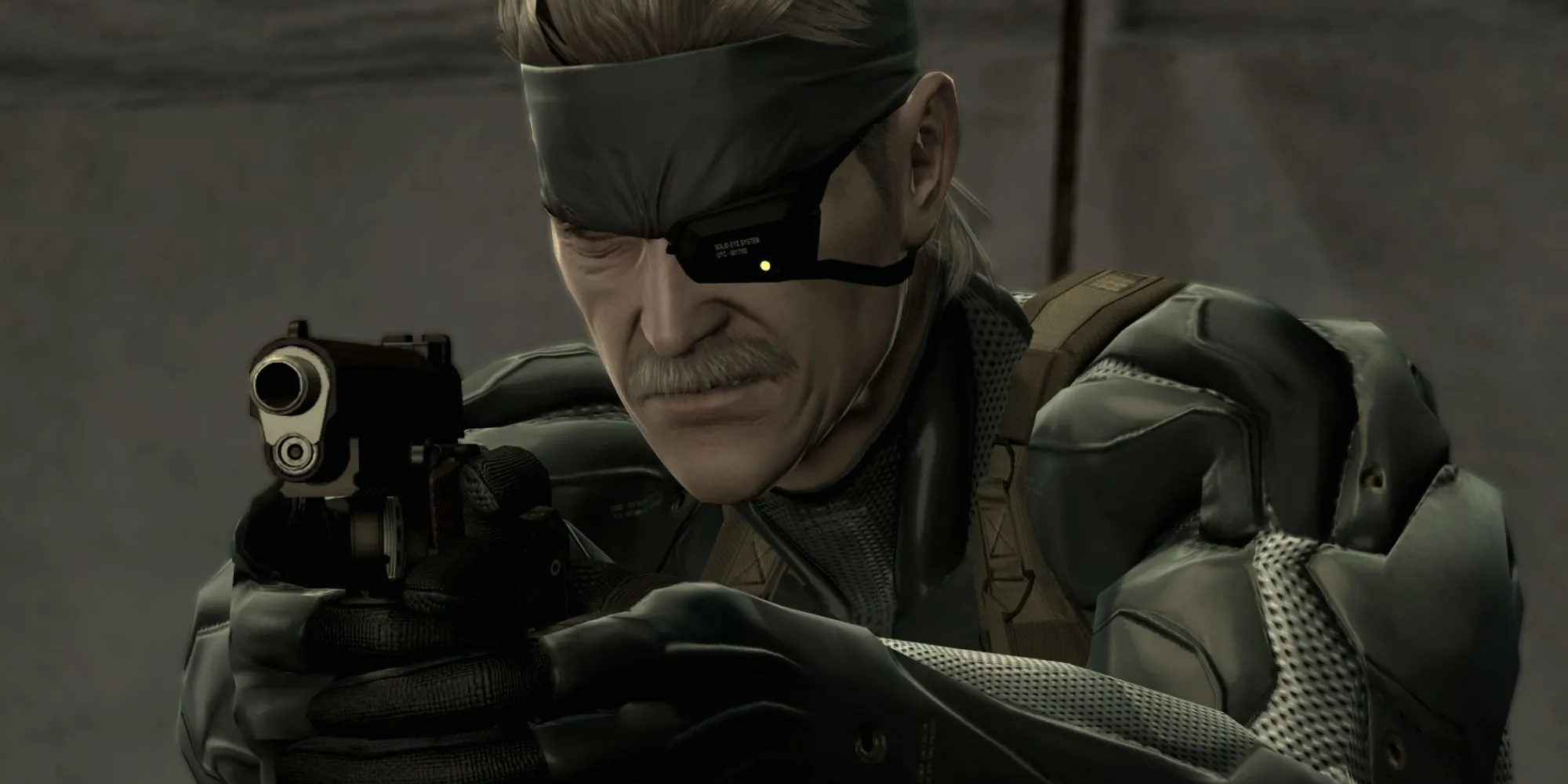 Old Snake với khẩu súng ngắm trong Metal Gear Solid 4: Guns of the Patriots, biểu tượng của sự lão hóa và kết thúc.