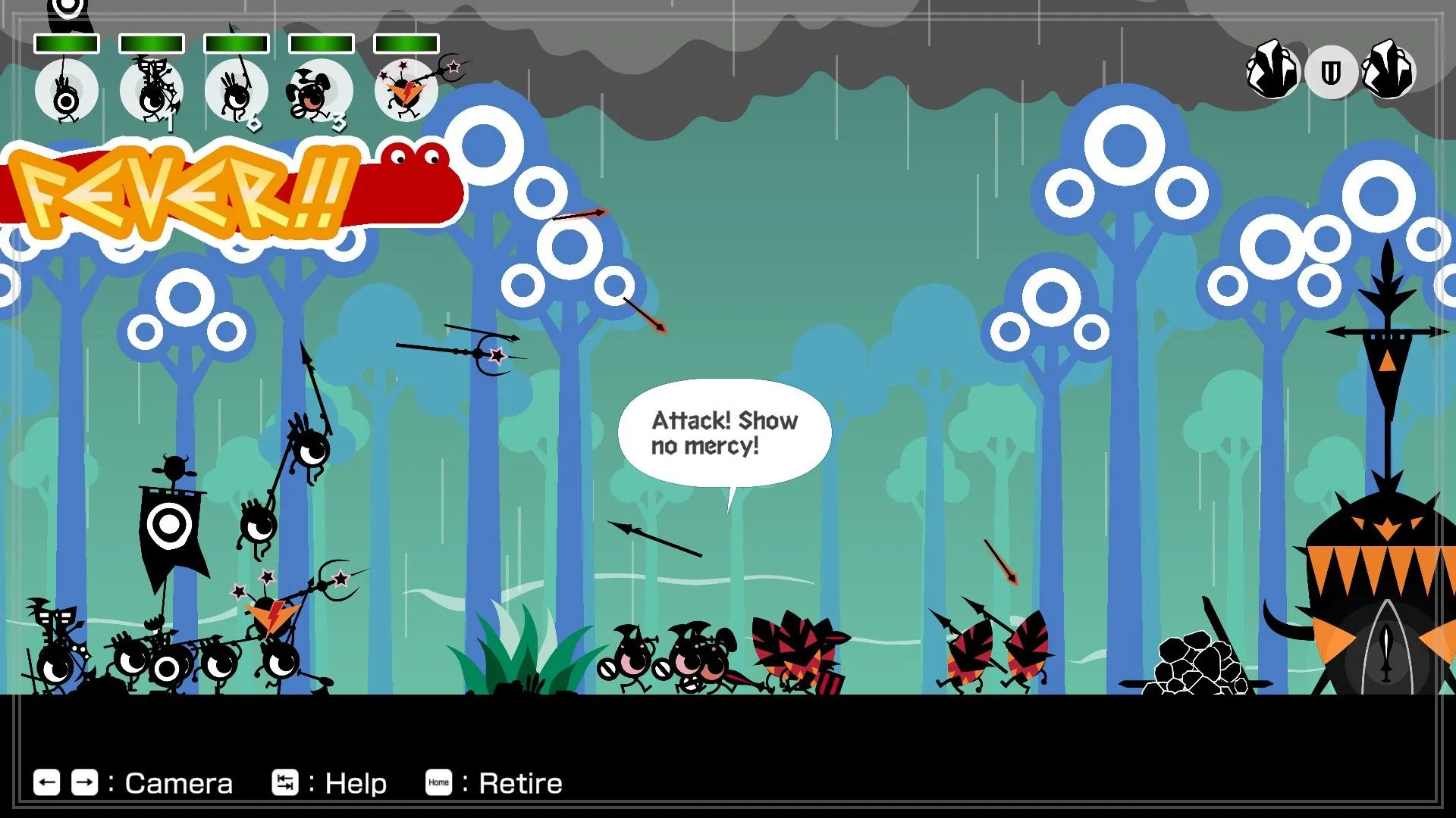 Patapon 1+2 Replay: Màn hình chiến đấu với các đường kẻ nhịp điệu hỗ trợ game thủ