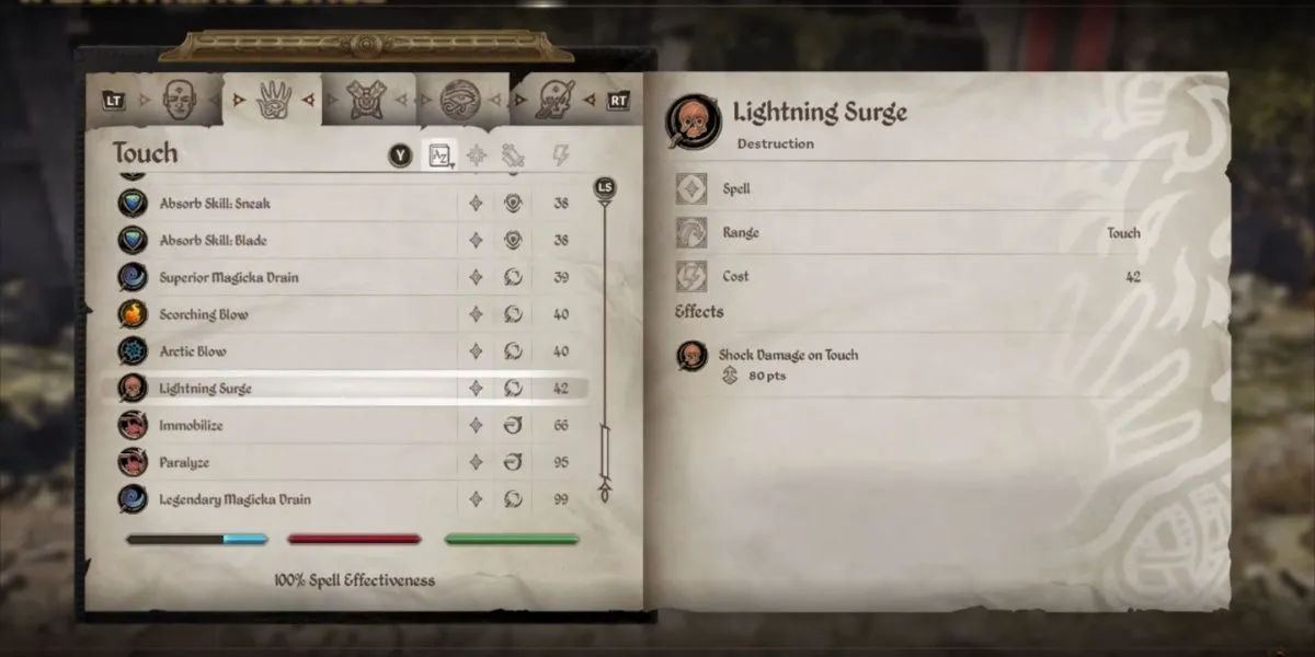 Phép thuật Lightning Surge trong Oblivion Remastered phóng luồng điện gây sát thương cận chiến.