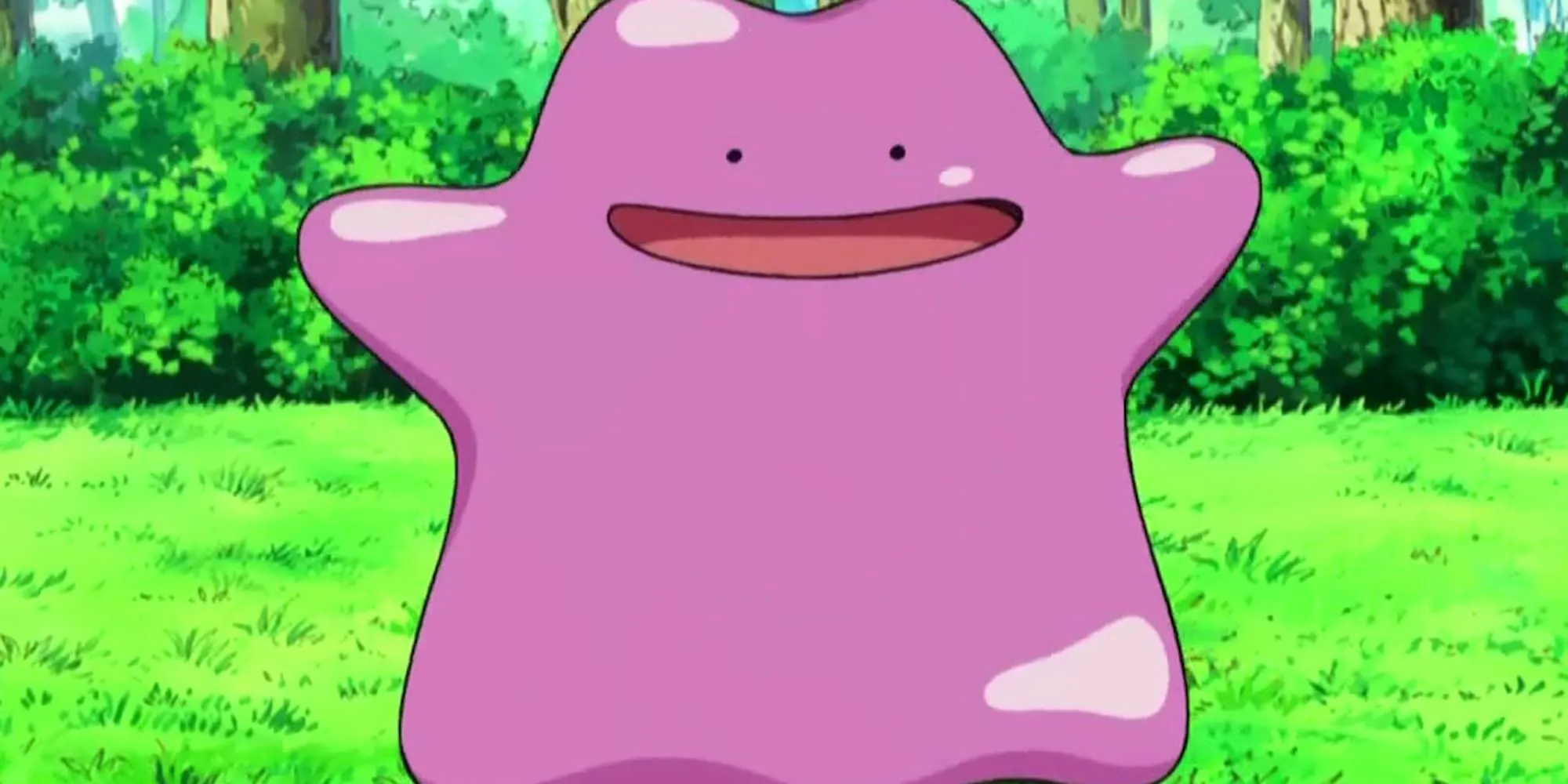 Pokémon Ditto với khuôn mặt ngây thơ đứng trong cánh đồng cỏ tươi xanh