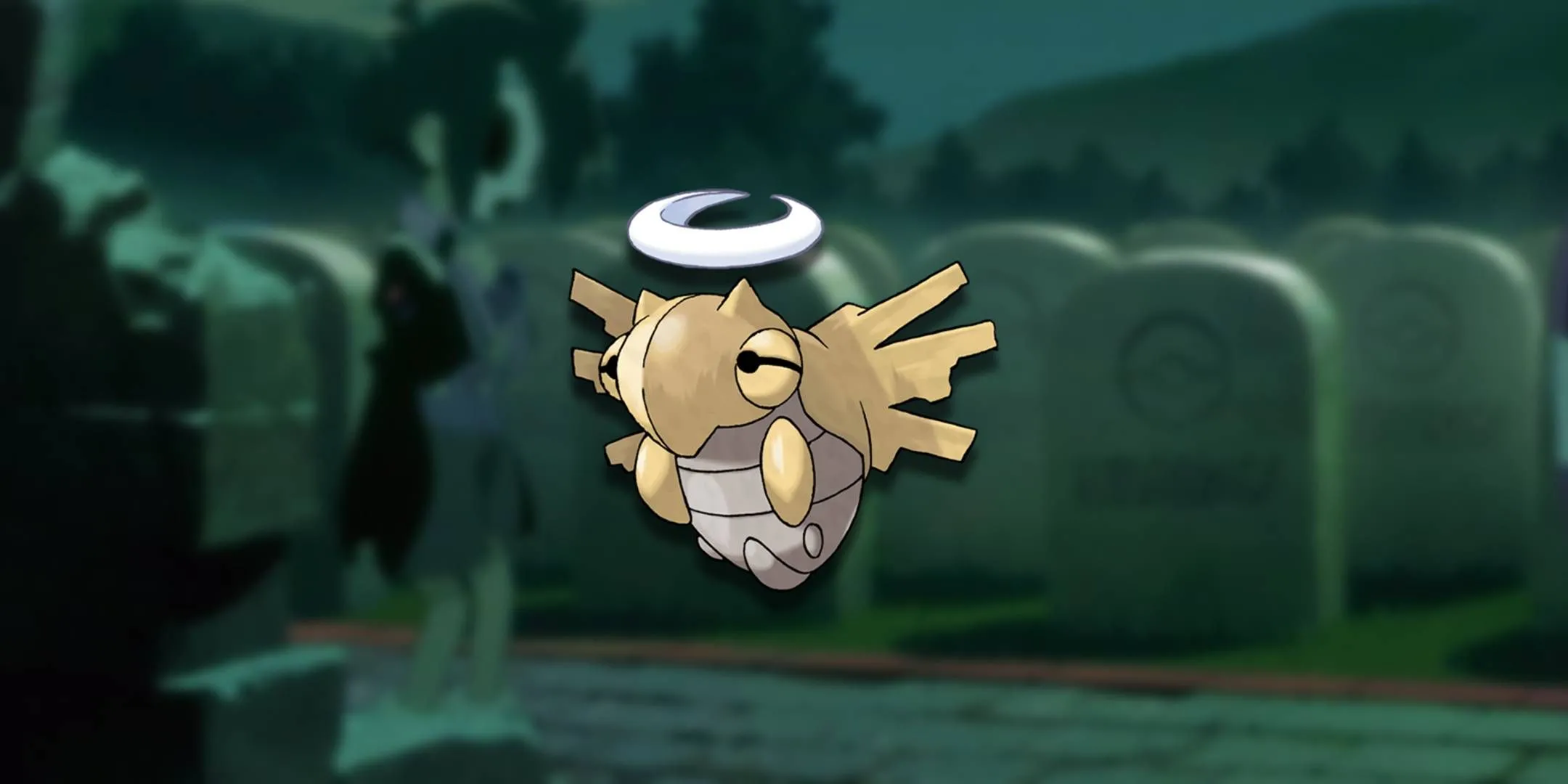 Pokémon Shedinja đứng giữa một khu nghĩa địa, tạo cảm giác bí ẩn và ma quái