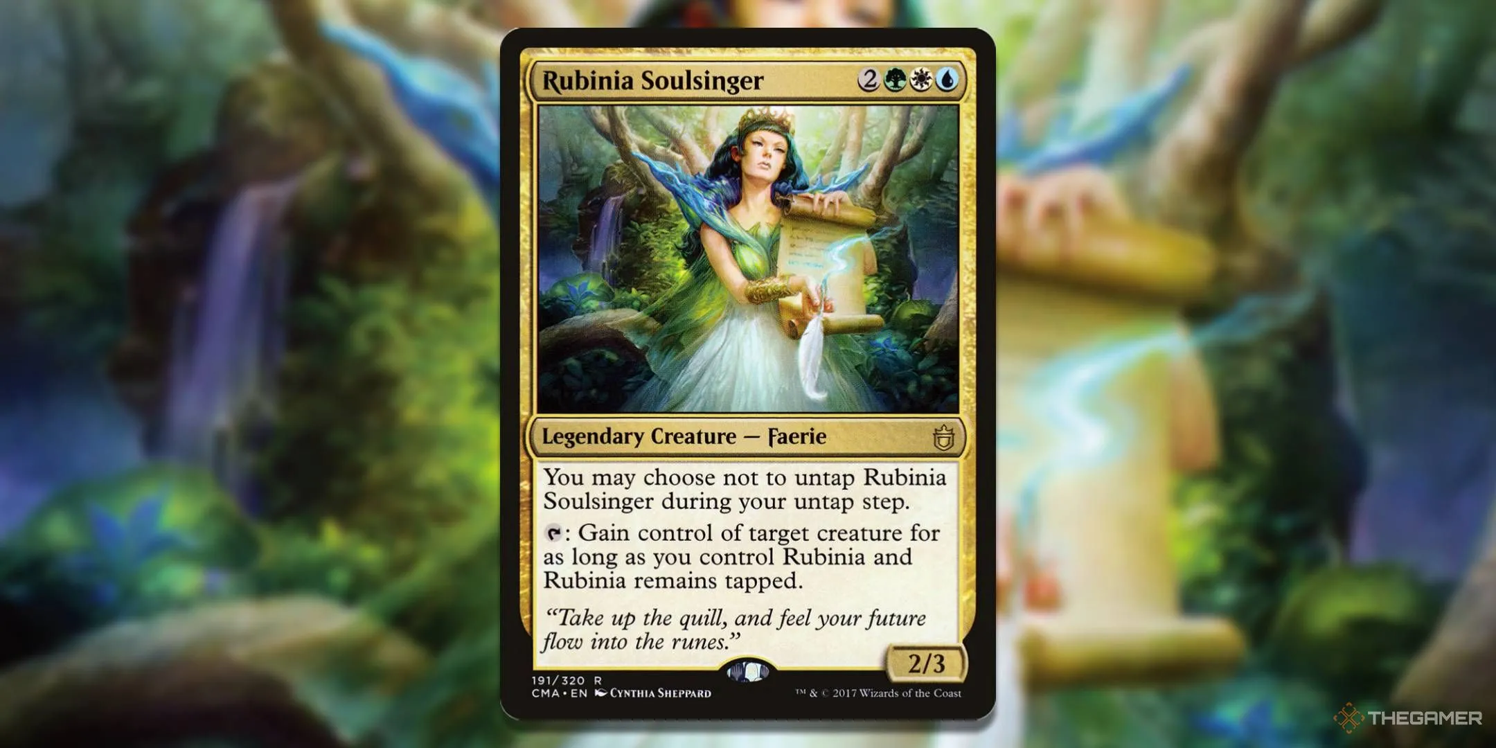 Rubinia Soulsinger, lá bài chủ lực của deck Enchantress Rubinia, một trong những precon Commander đầu tiên của Magic.