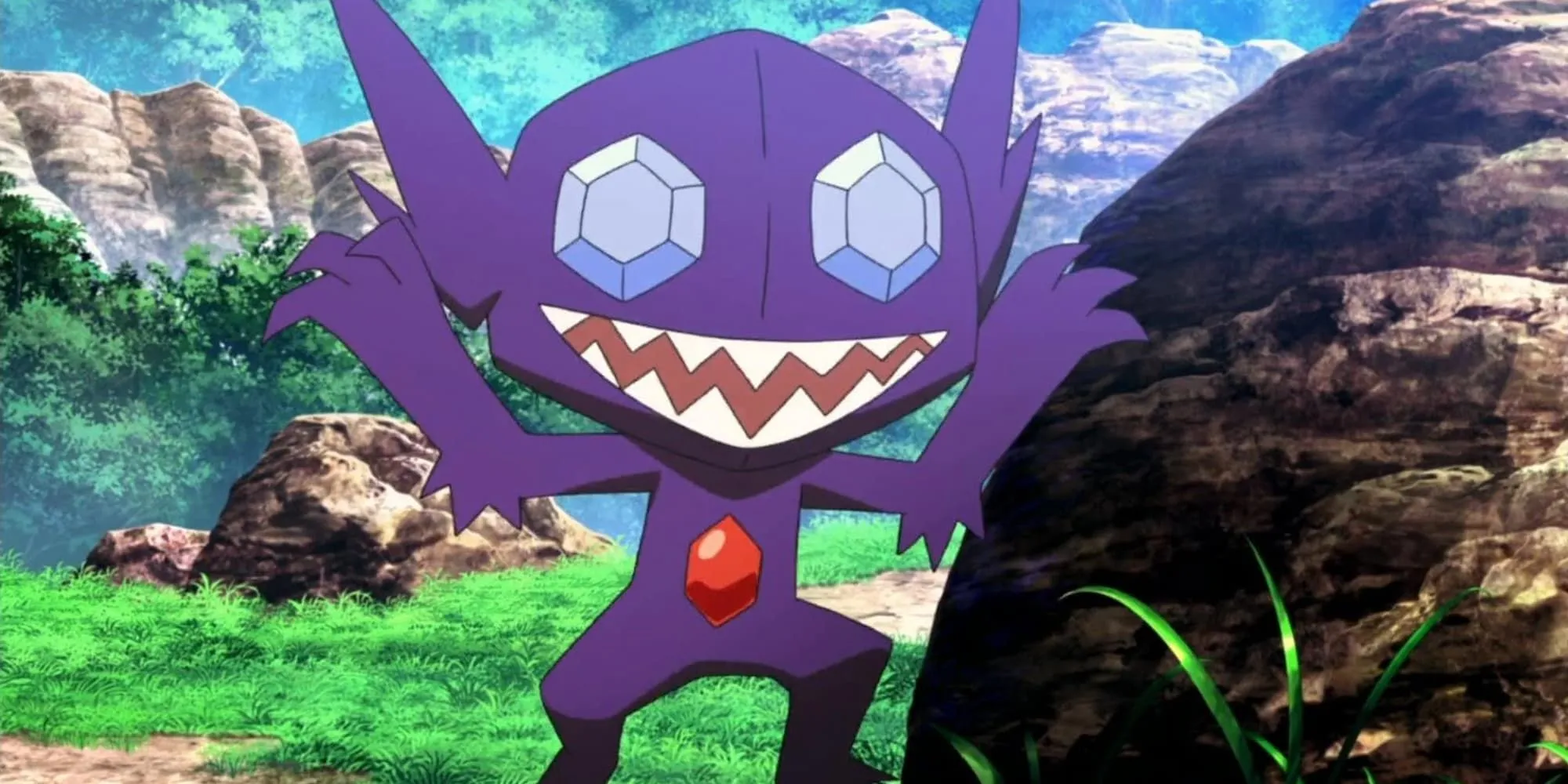 Sableye nhảy ra khỏi tảng đá để hù dọa ai đó trong anime Pokémon, thể hiện sự tinh quái