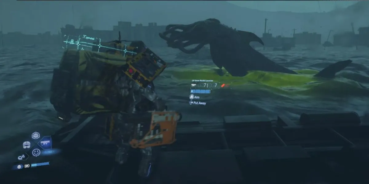 Sam đối mặt với Boss khổng lồ Lord of the Tar Lake trong trận chiến Showdown tại Death Stranding 2