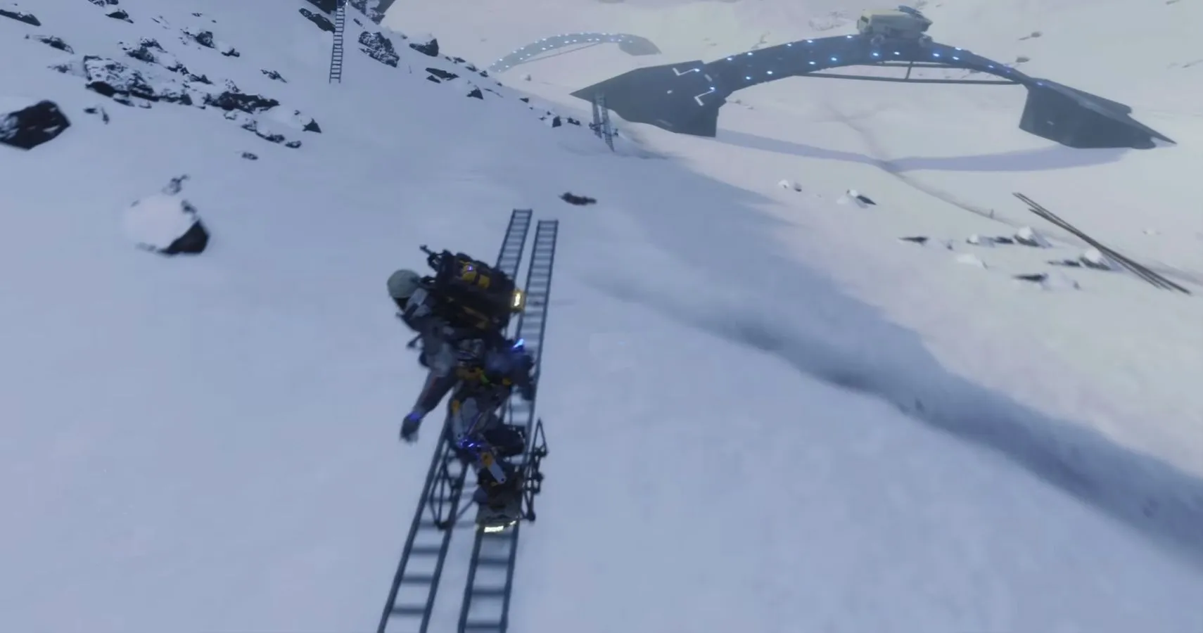 Sam Porter Bridges sử dụng ván trượt để di chuyển trên tuyết trong Death Stranding.