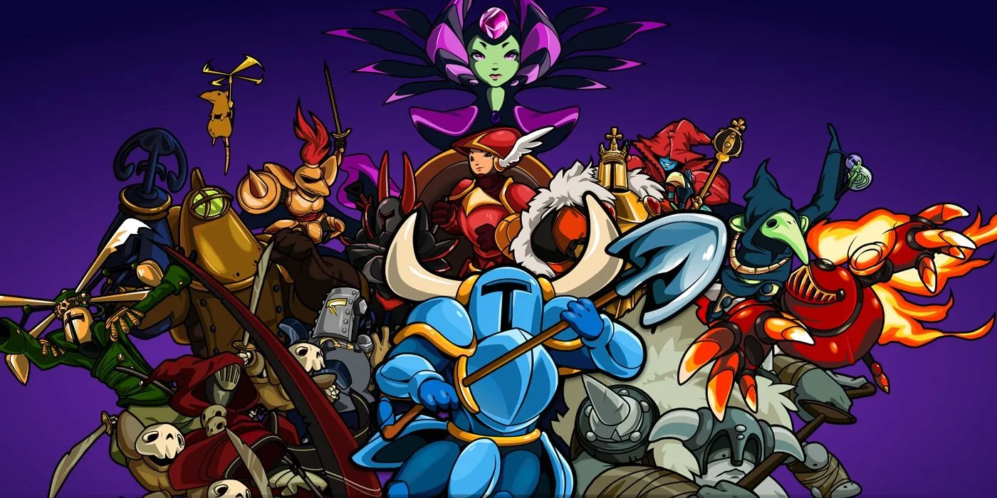Shovel Knight cùng các nhân vật và kẻ thù trong một bức ảnh nghệ thuật đầy màu sắc.
